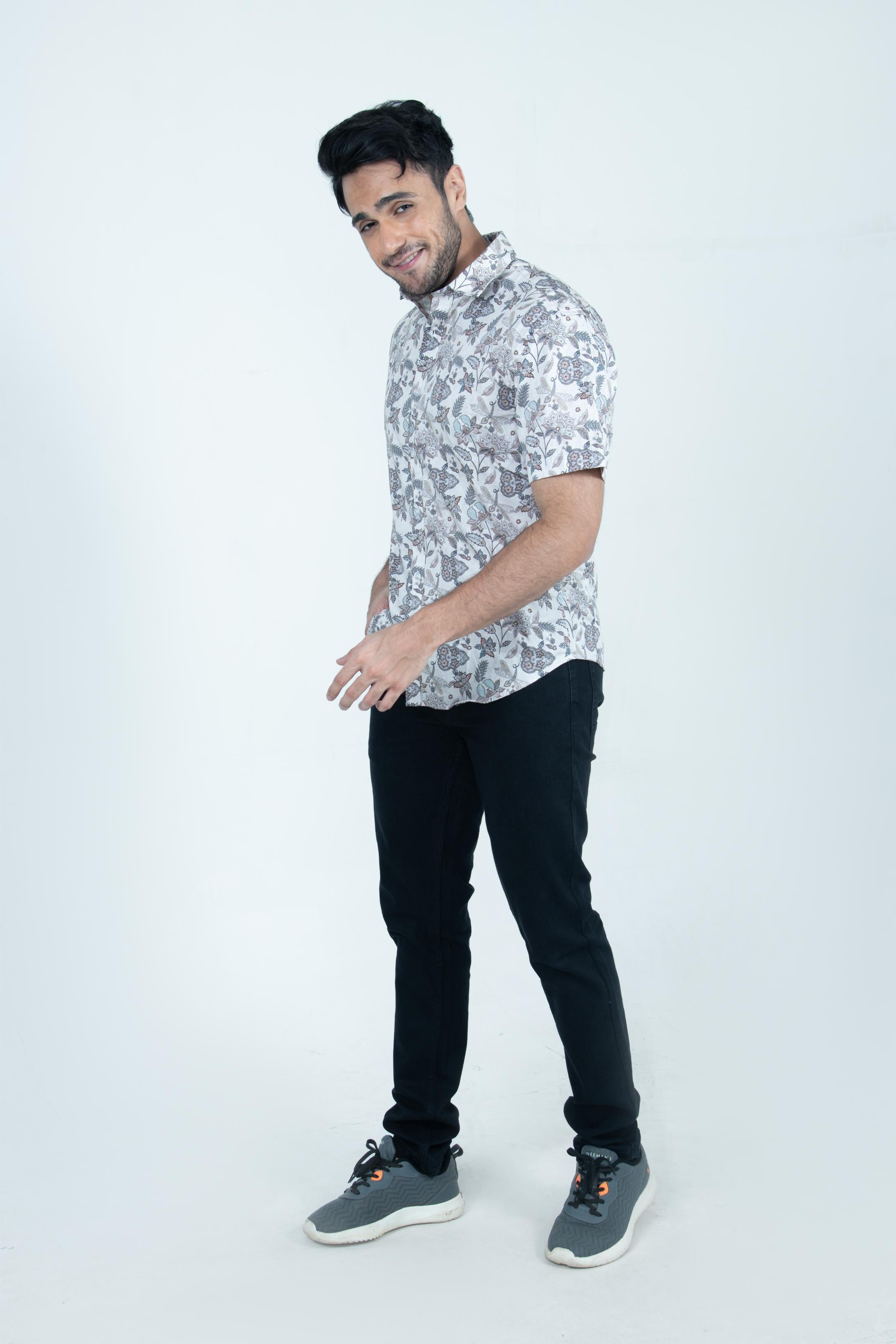 Roman Threads Cream Floral  Satin Printed Shirt