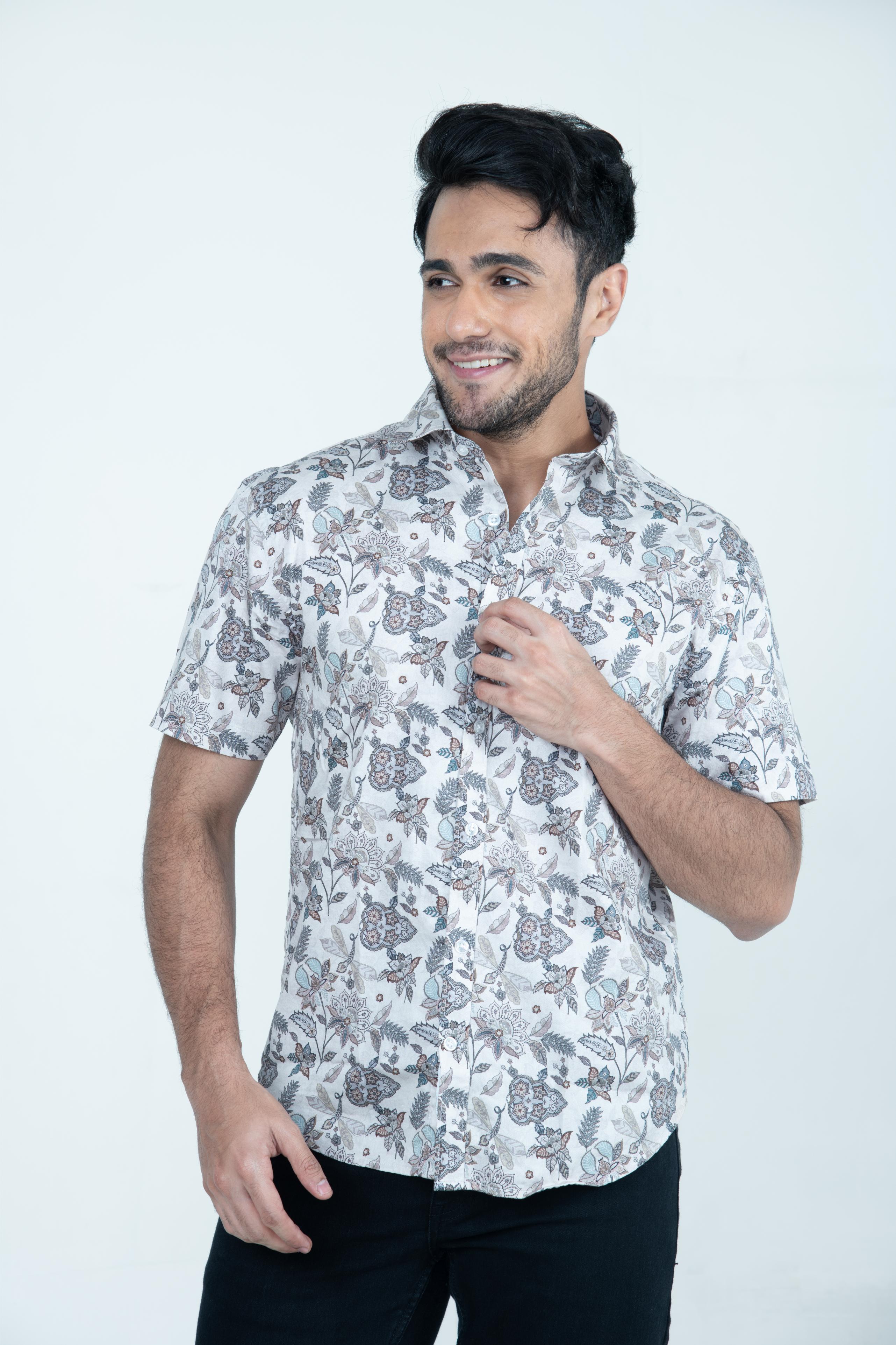 Roman Threads Cream Floral  Satin Printed Shirt