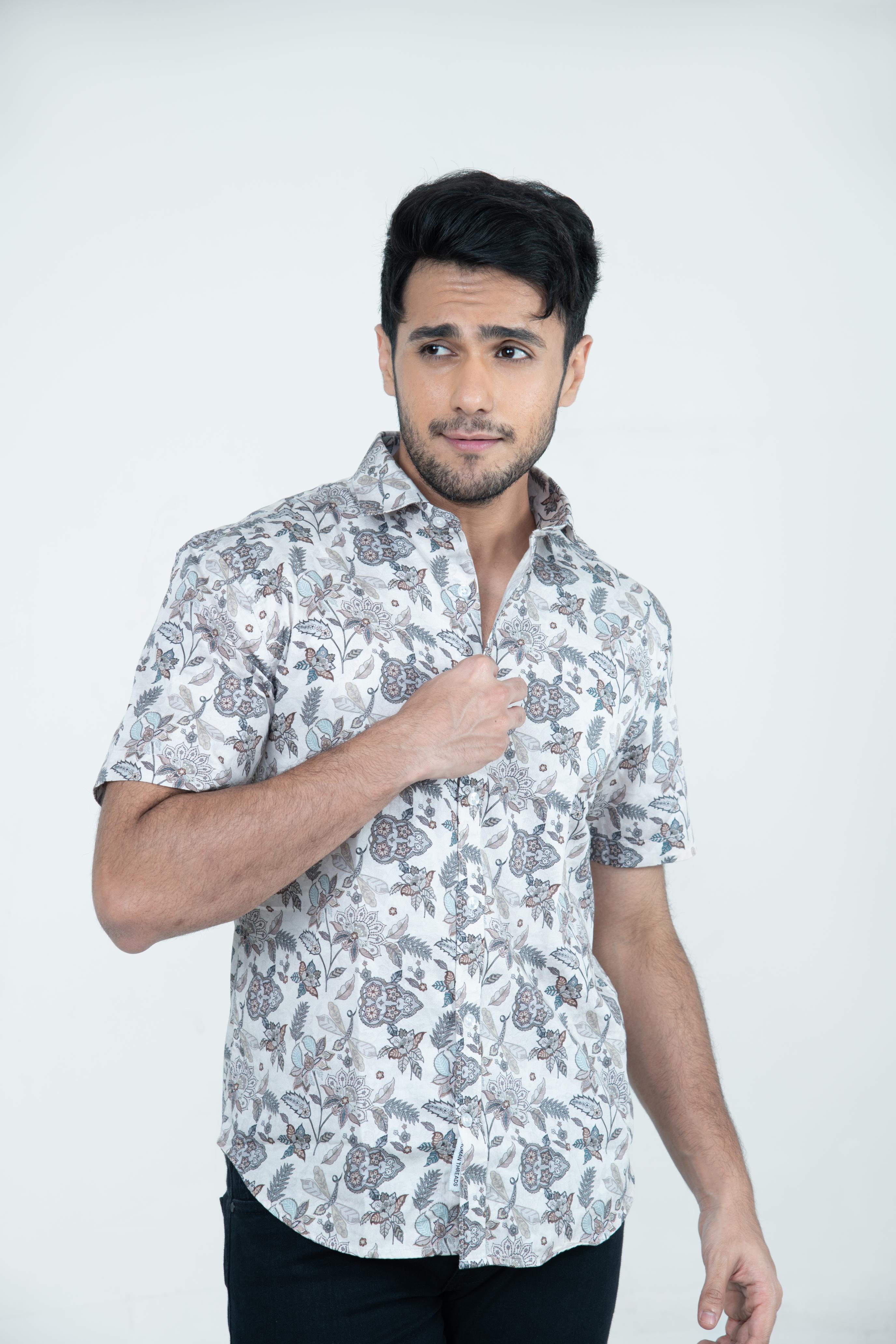 Roman Threads Cream Floral  Satin Printed Shirt