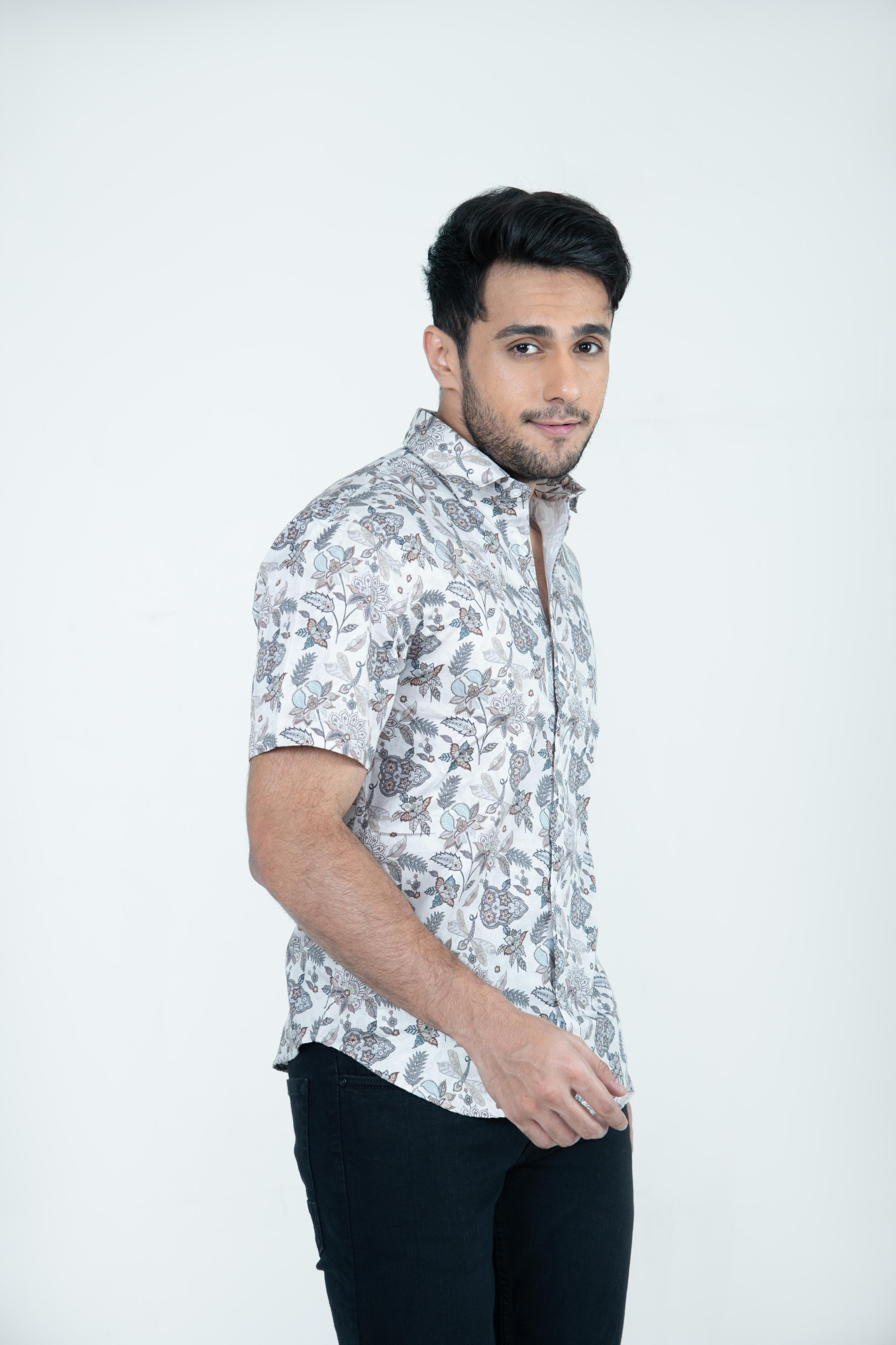 Roman Threads Cream Floral  Satin Printed Shirt