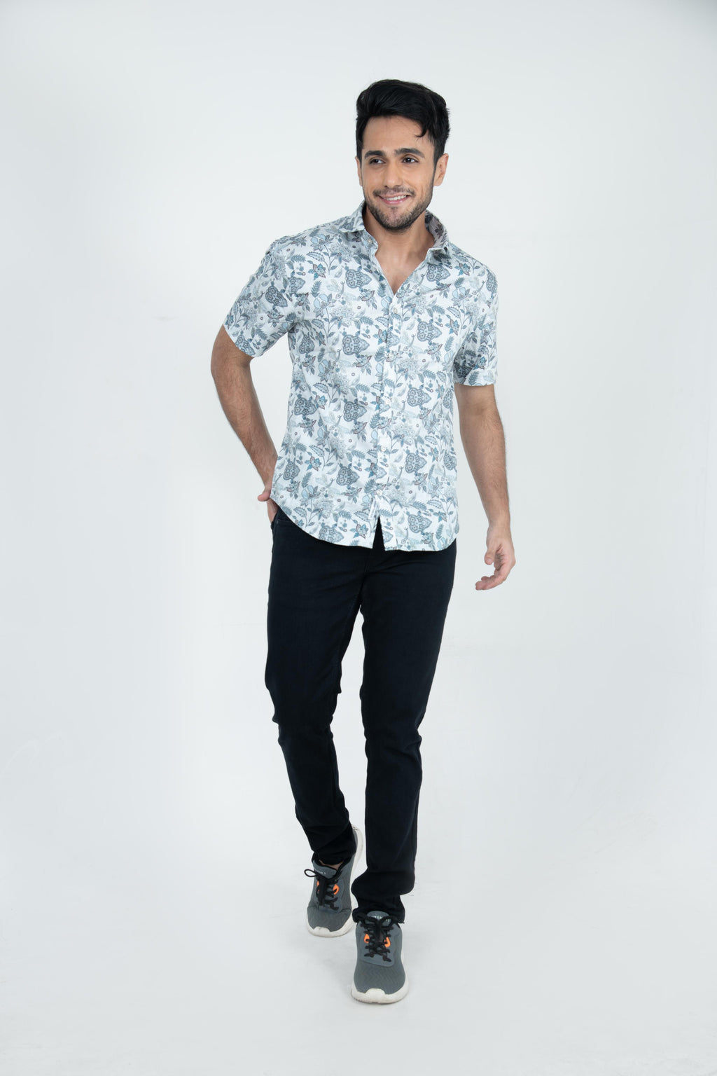 Roman Threads Blue Floral Satin  Printed Shirt
