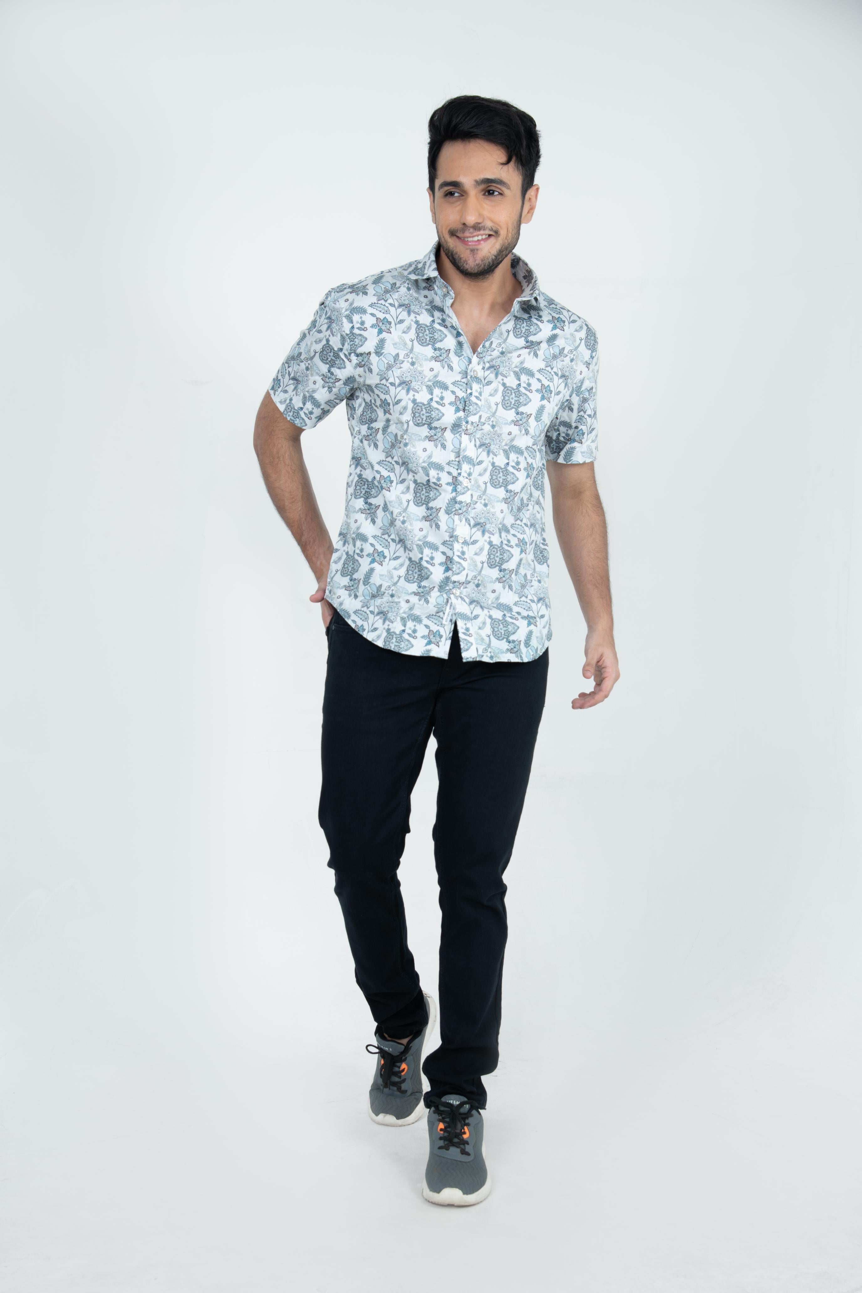 Roman Threads Blue Floral Satin  Printed Shirt