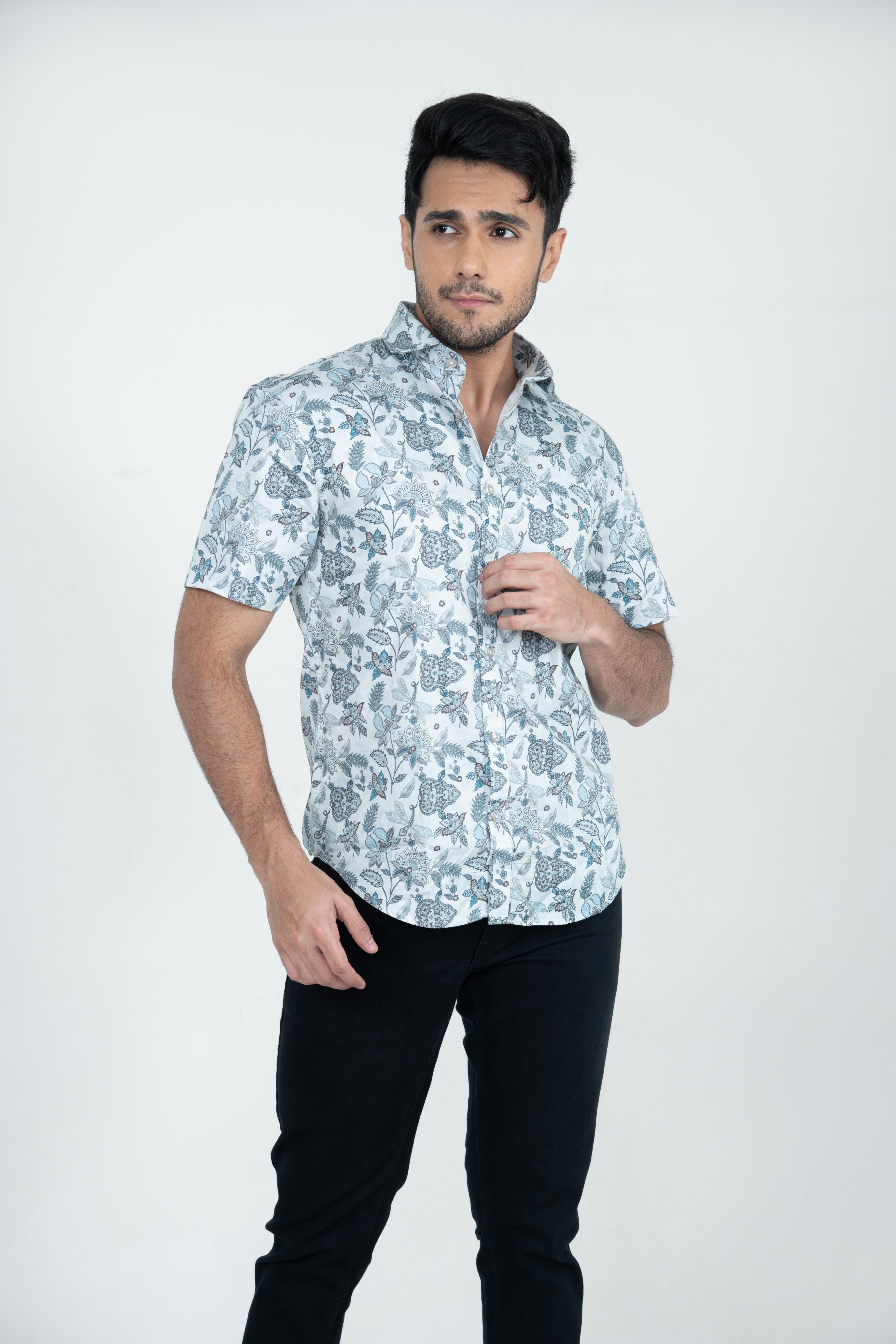 Roman Threads Blue Floral Satin  Printed Shirt