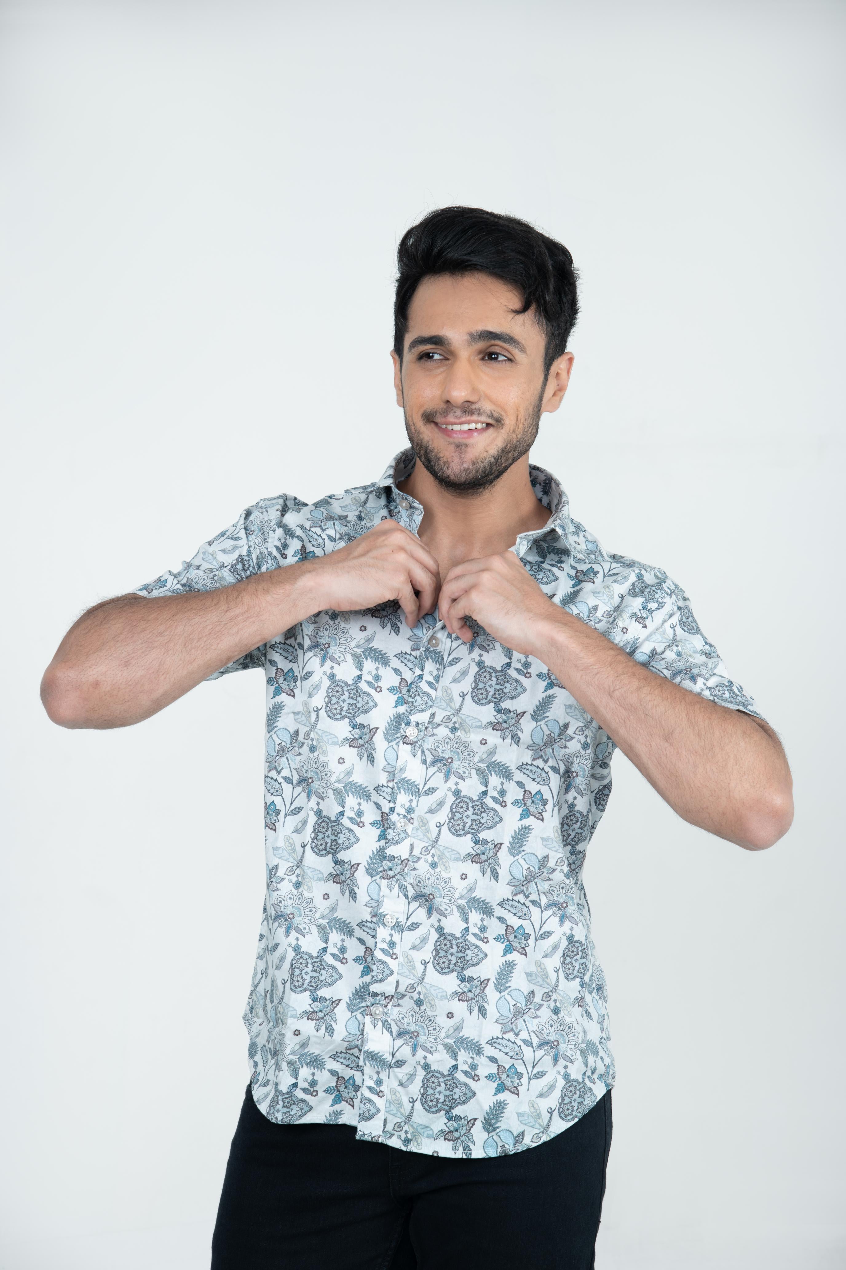 Roman Threads Blue Floral Satin  Printed Shirt