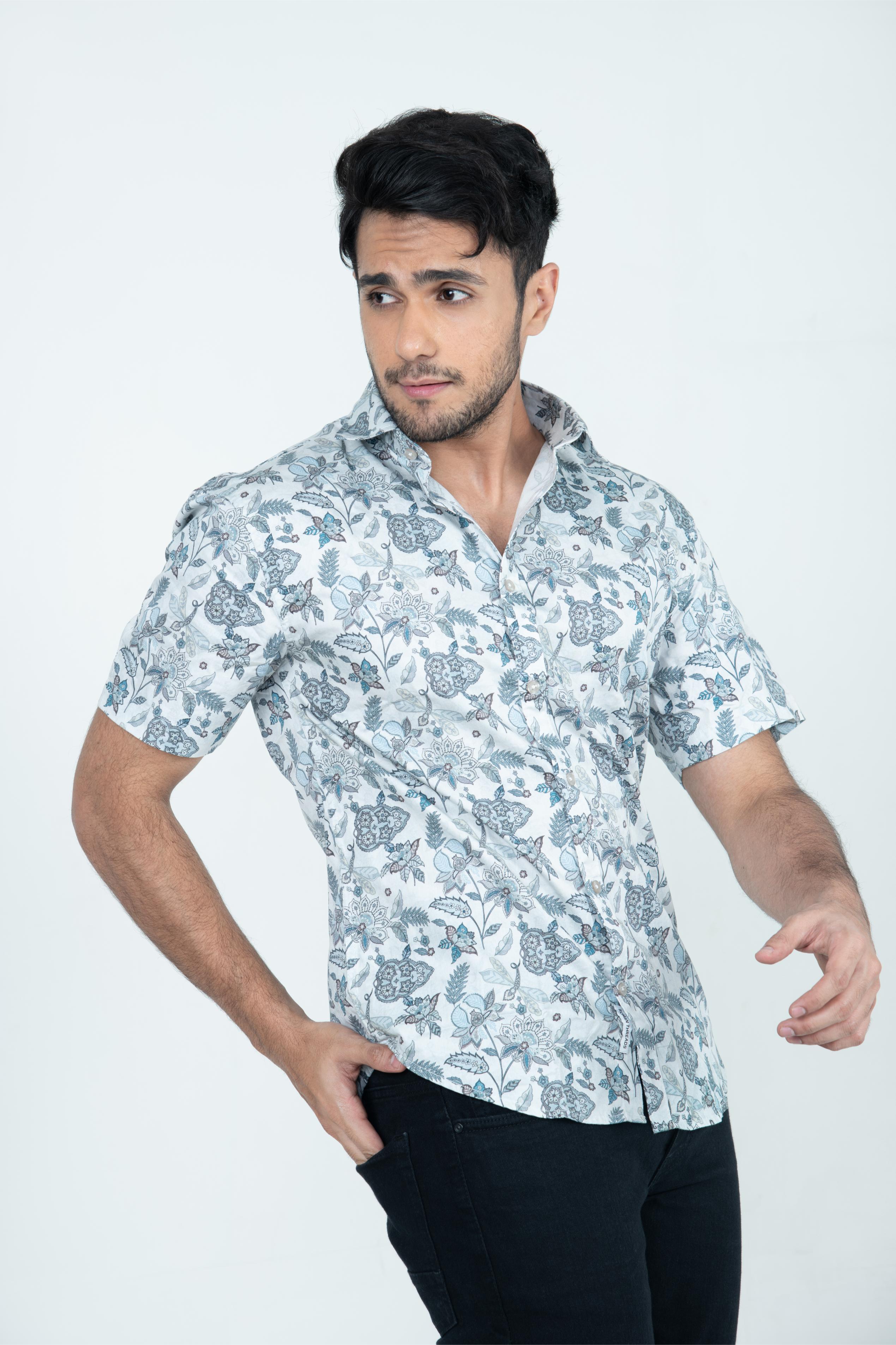 Roman Threads Blue Floral Satin  Printed Shirt