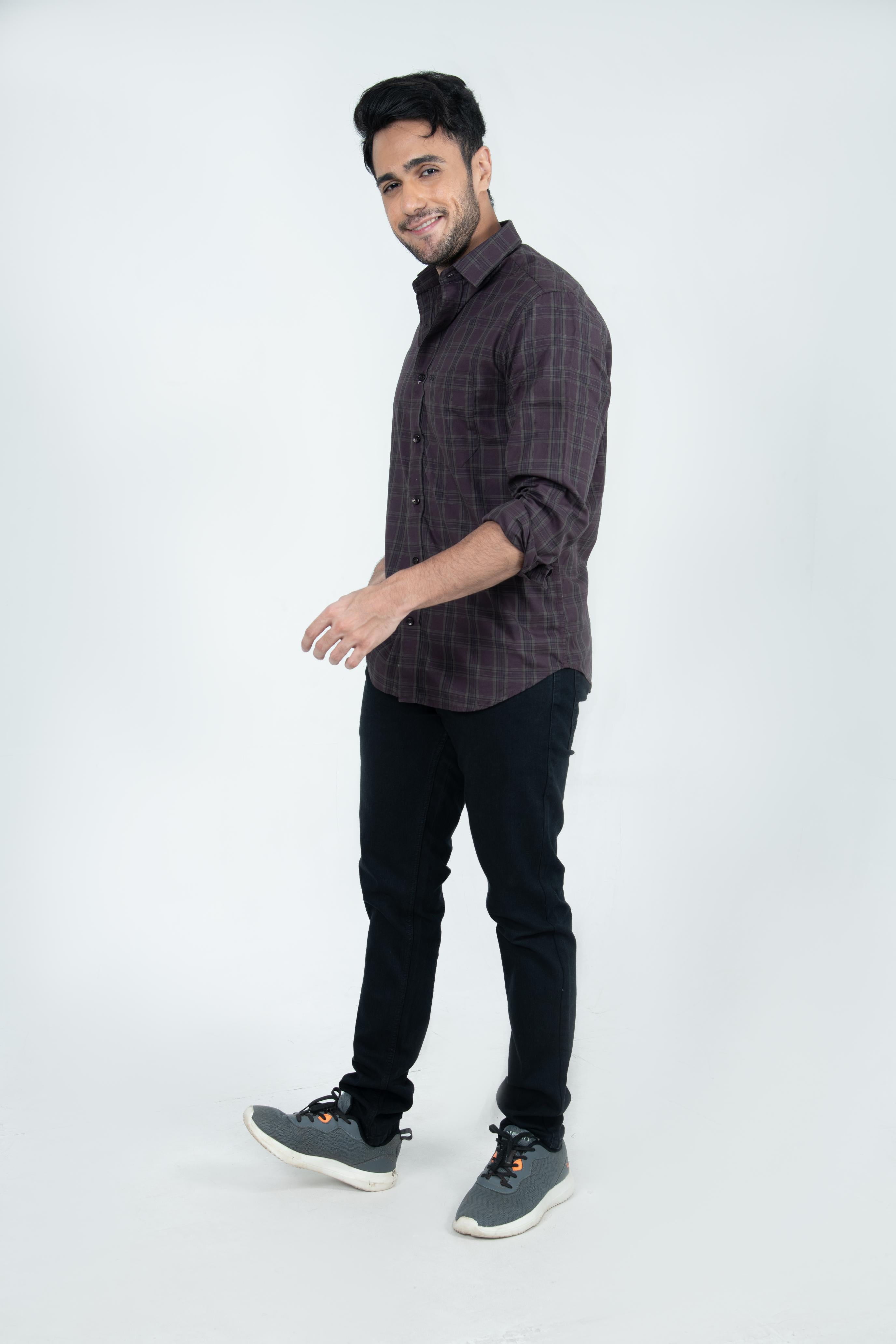 Roman Threads Maroon Checked Casual Giza twill Shirt
