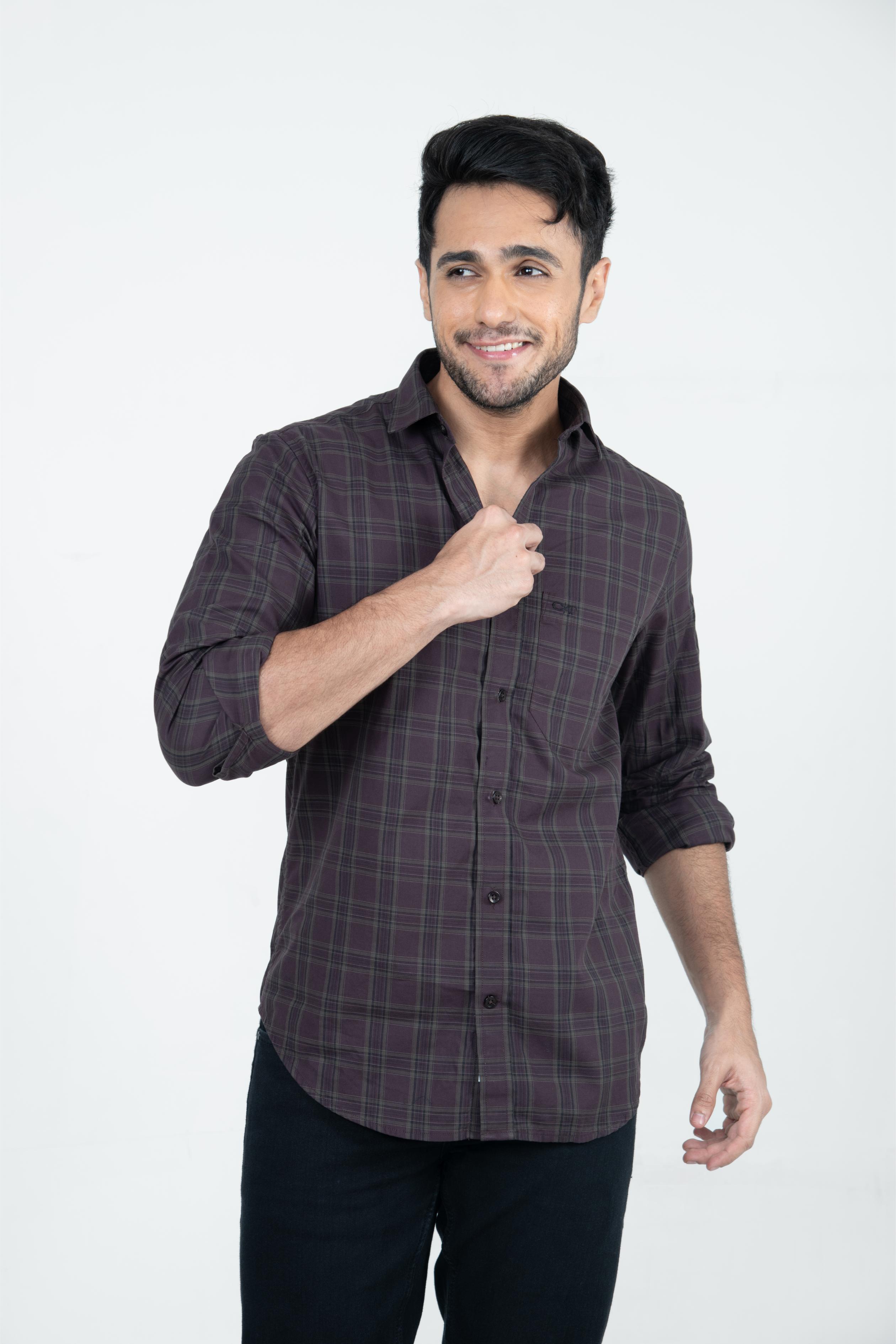 Roman Threads Maroon Checked Casual Giza twill Shirt