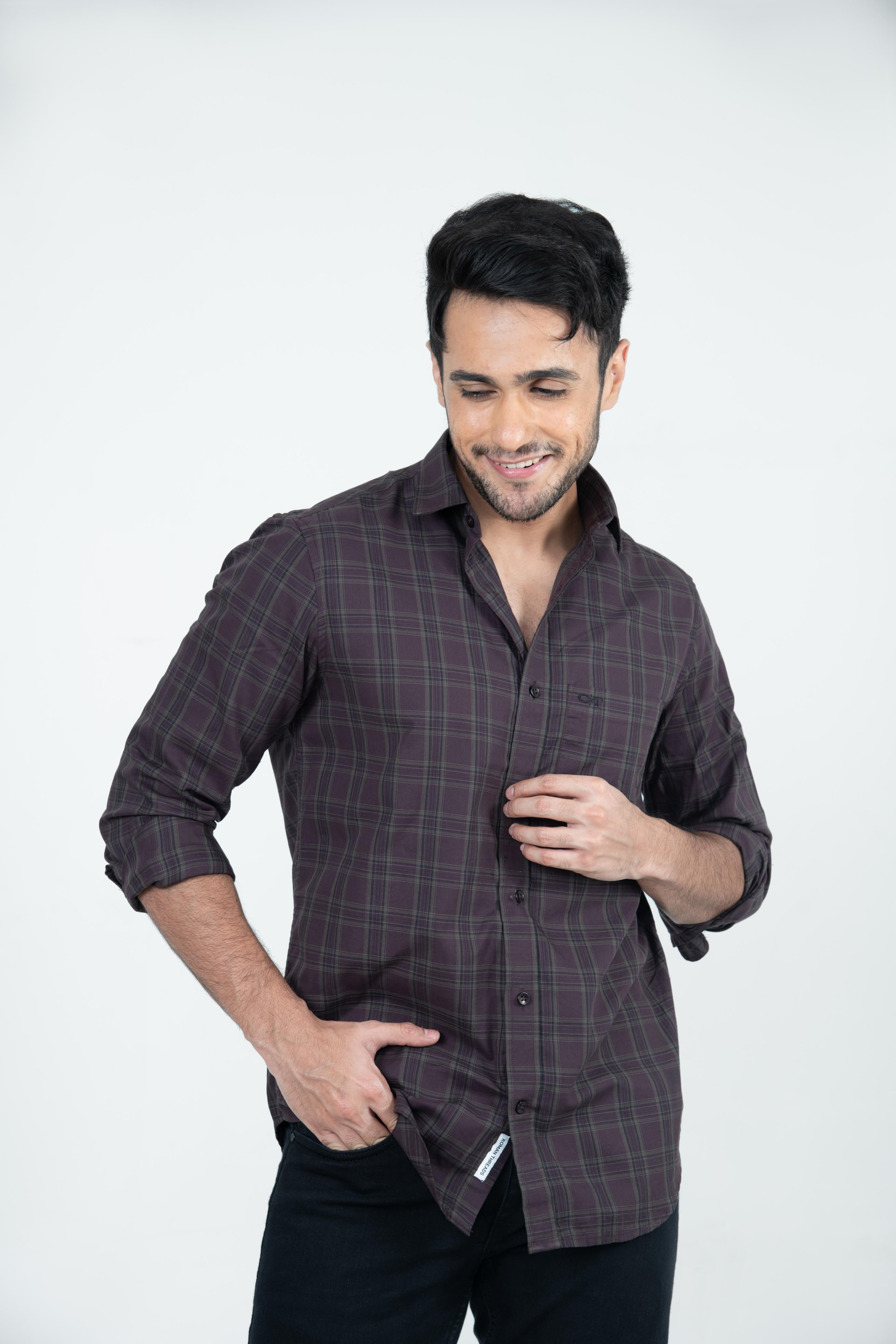 Roman Threads Maroon Checked Casual Giza twill Shirt