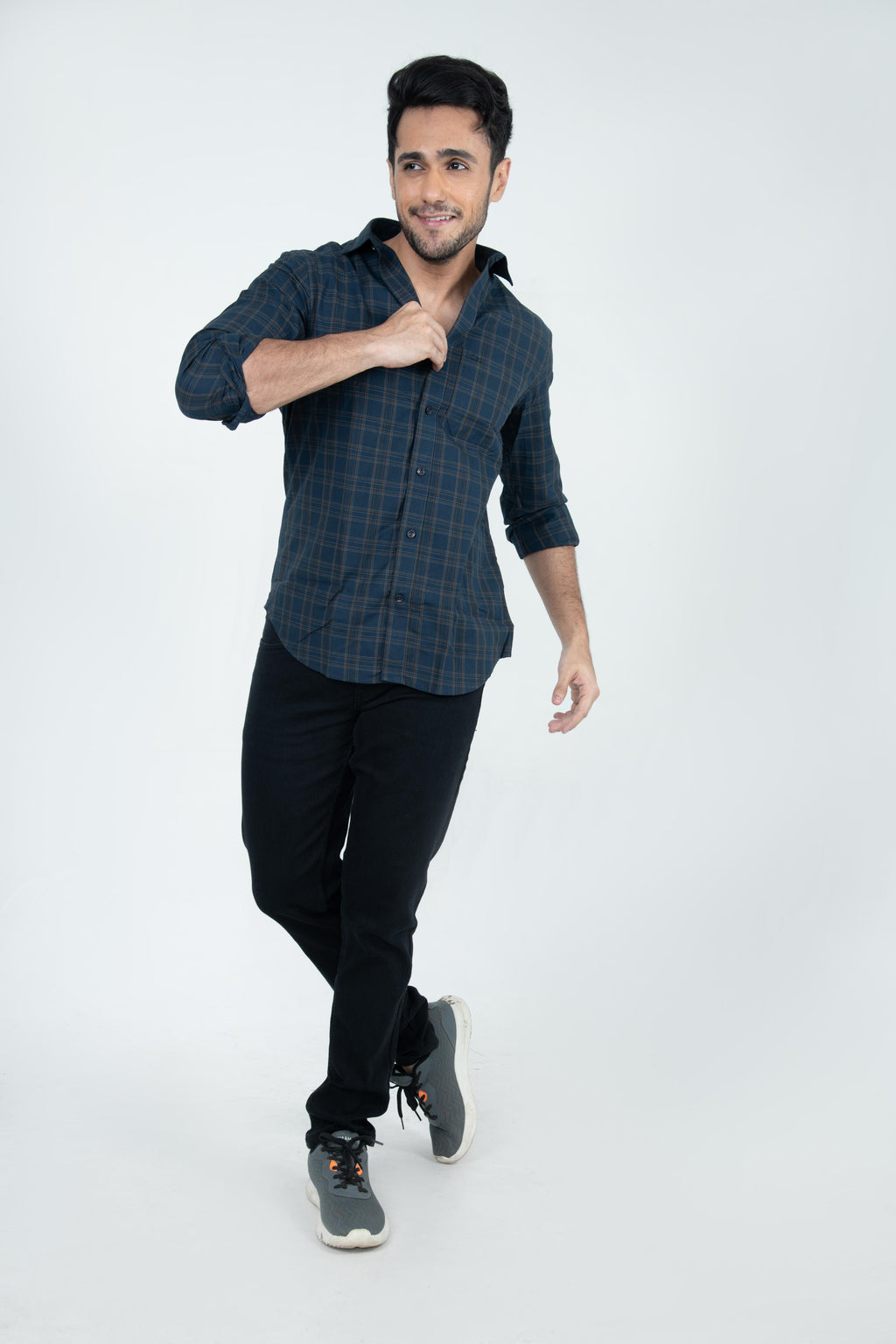 Roman Threads Navy Blue Giza twill Checked Shirt