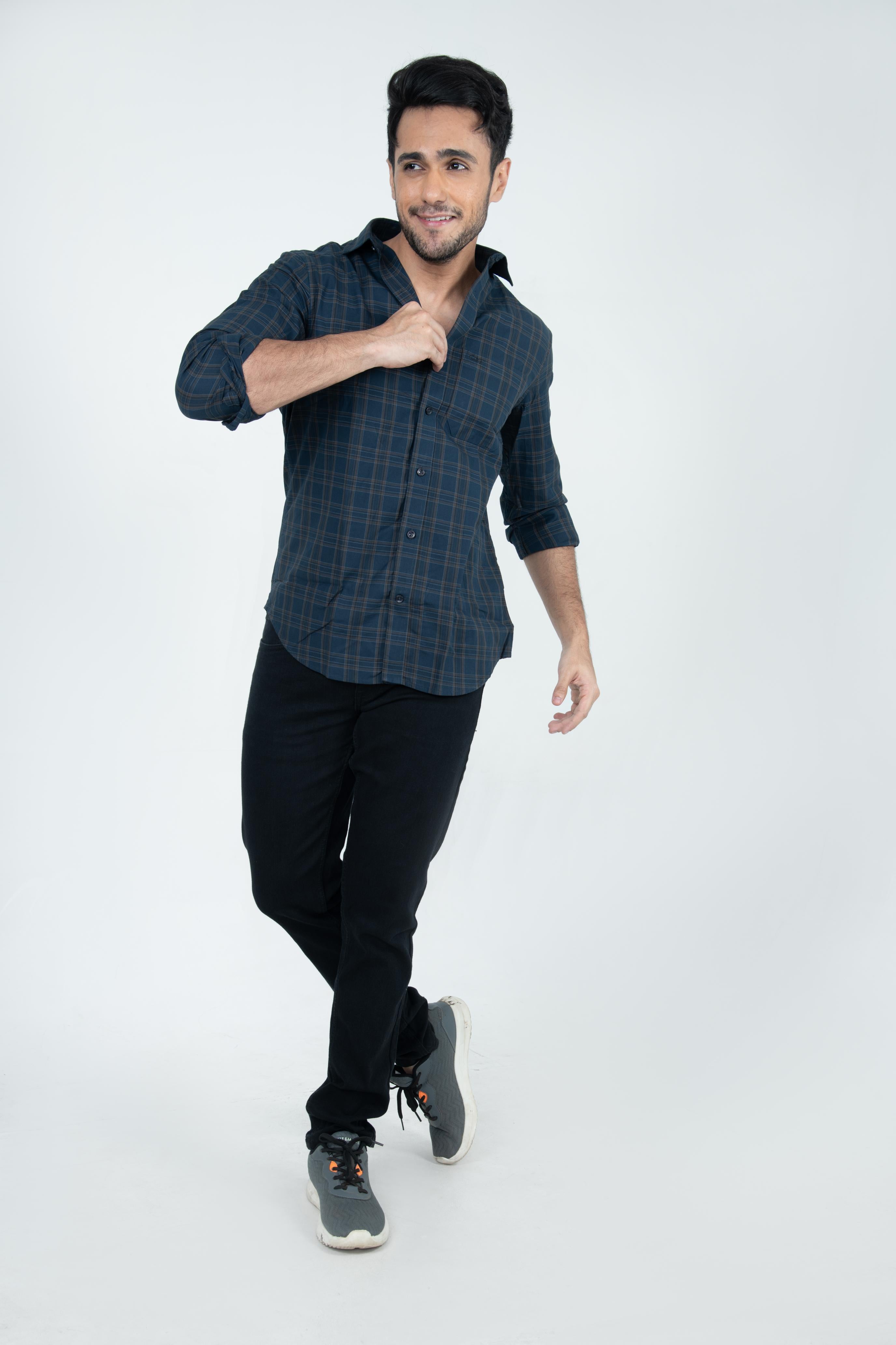 Roman Threads Navy Blue Giza twill Checked Shirt
