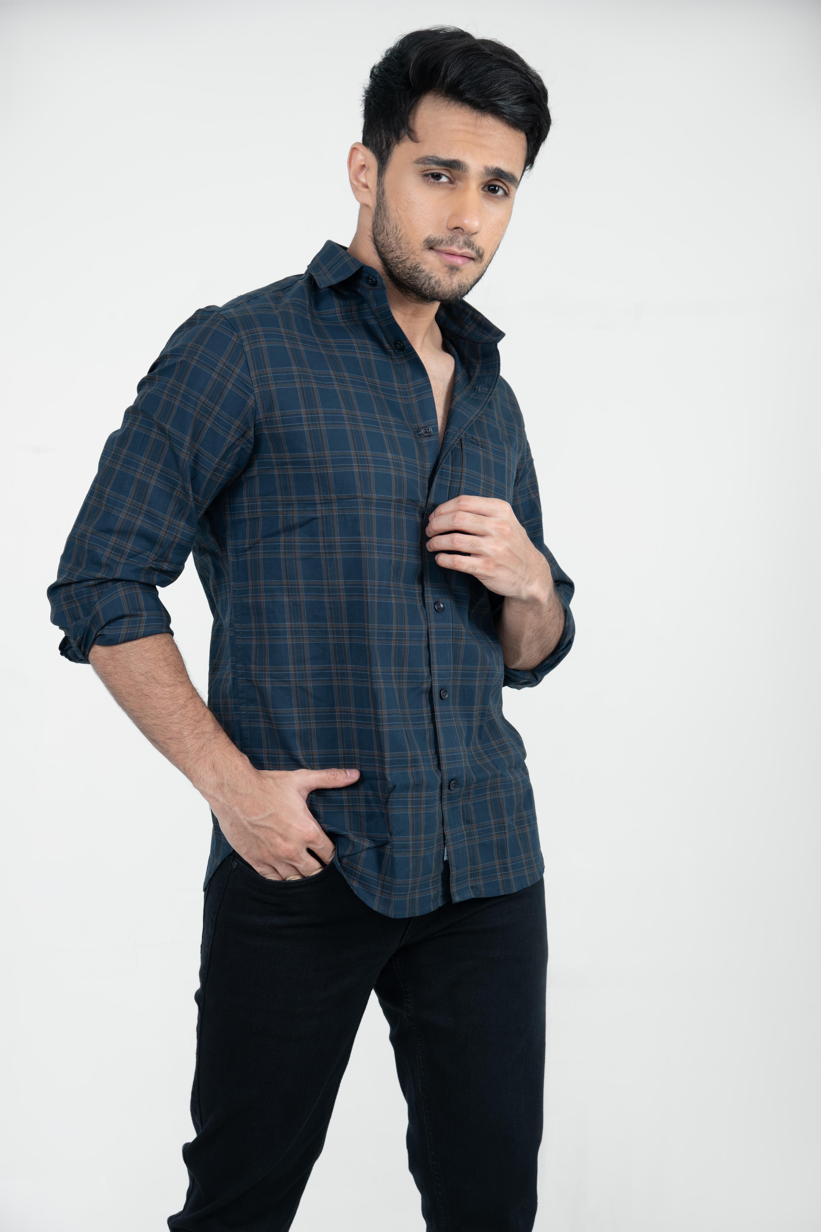 Roman Threads Navy Blue Giza twill Checked Shirt