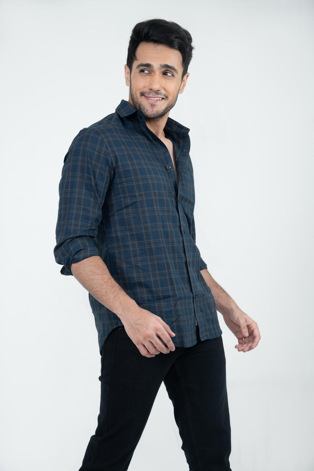 Roman Threads Navy Blue Giza twill Checked Shirt