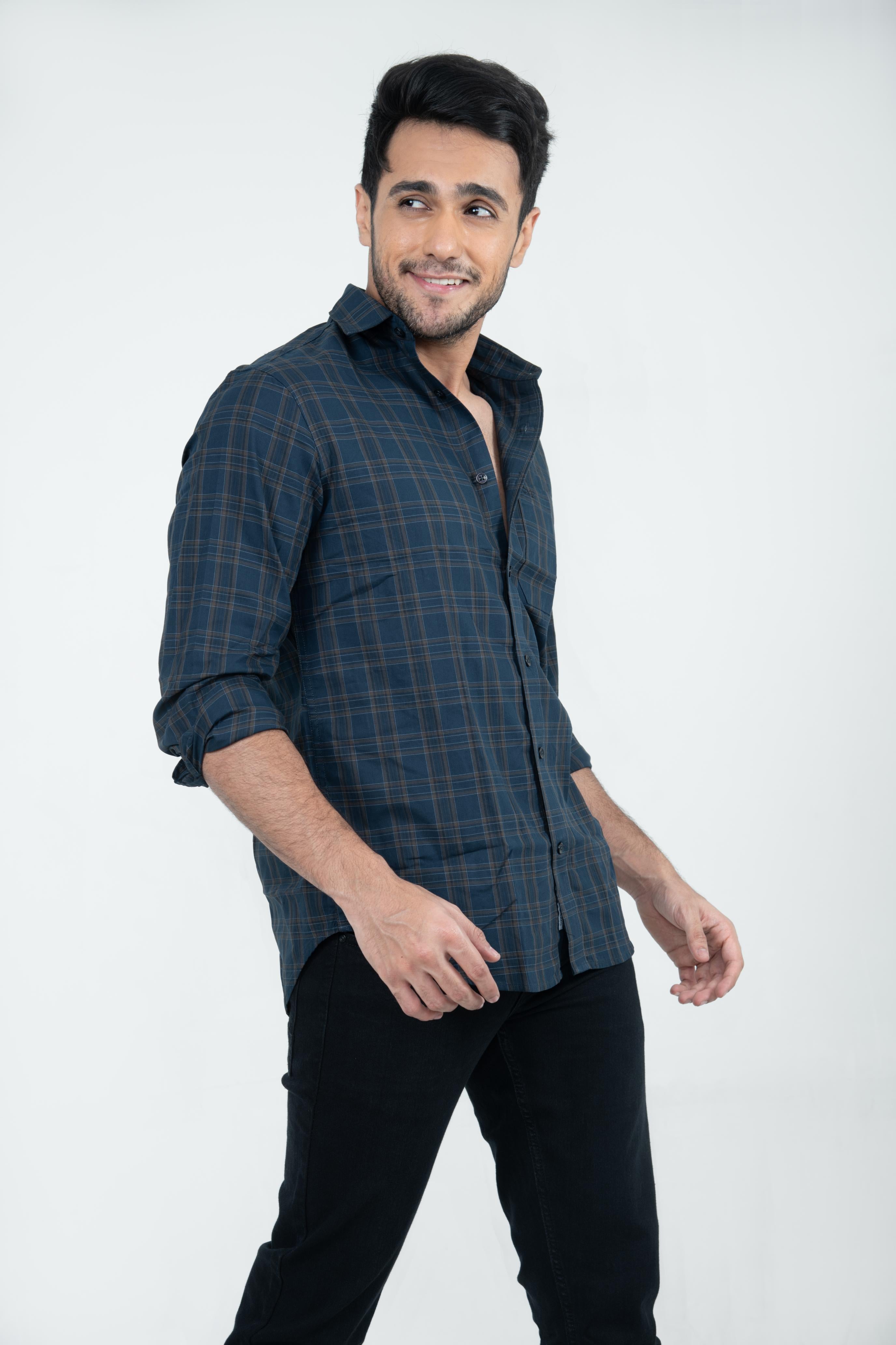 Roman Threads Navy Blue Giza twill Checked Shirt