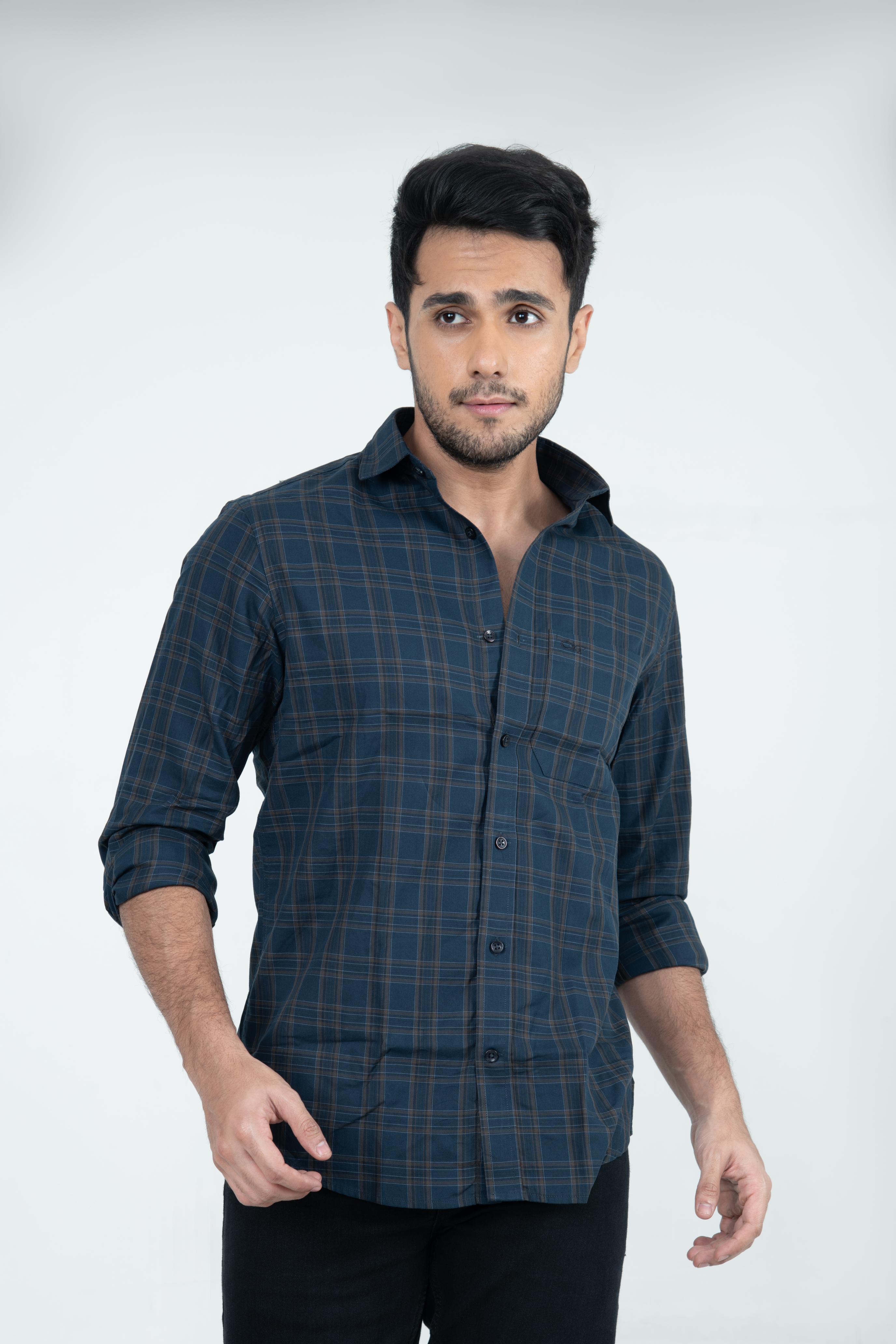 Roman Threads Navy Blue Giza twill Checked Shirt