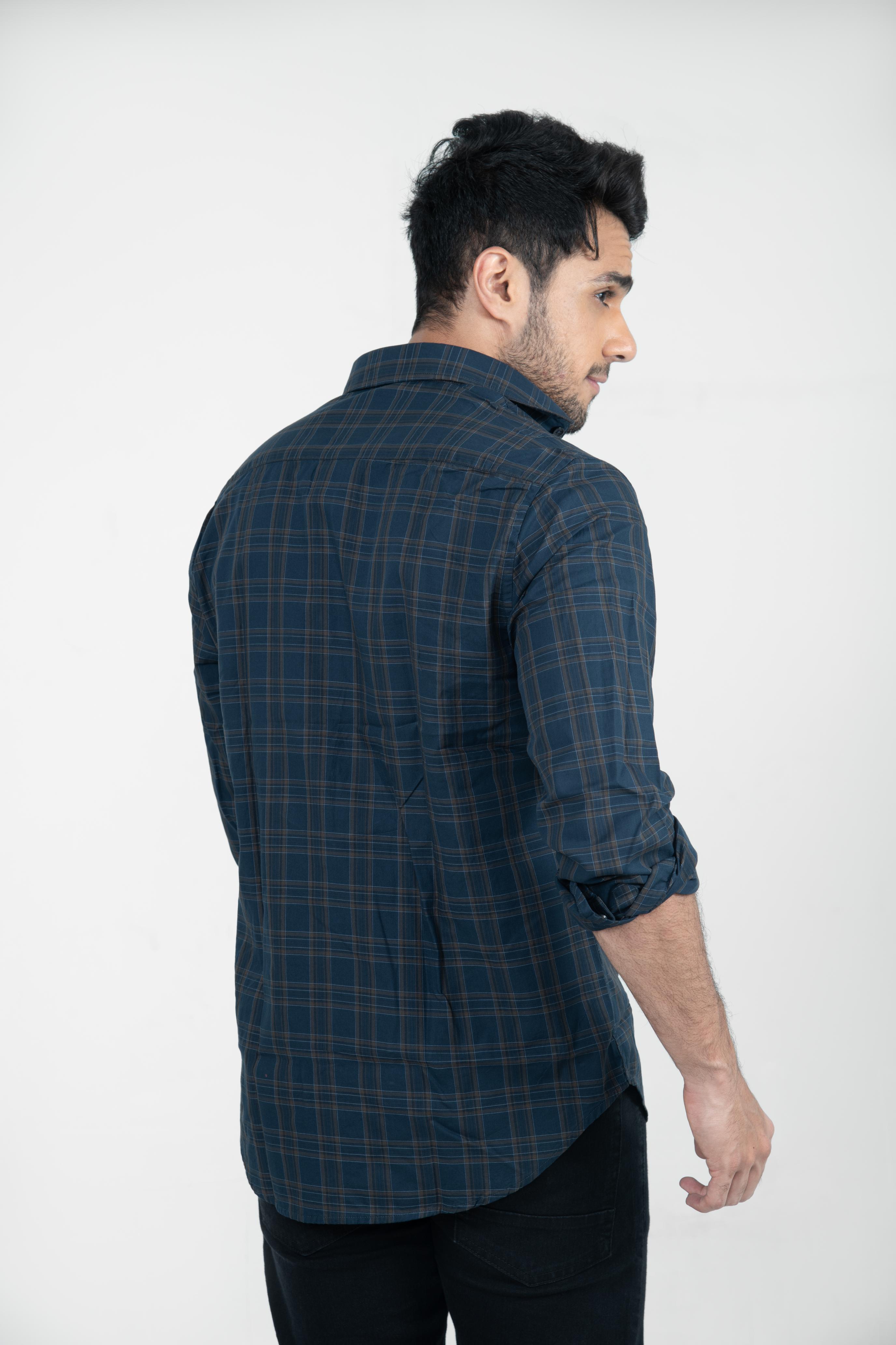 Roman Threads Navy Blue Giza twill Checked Shirt
