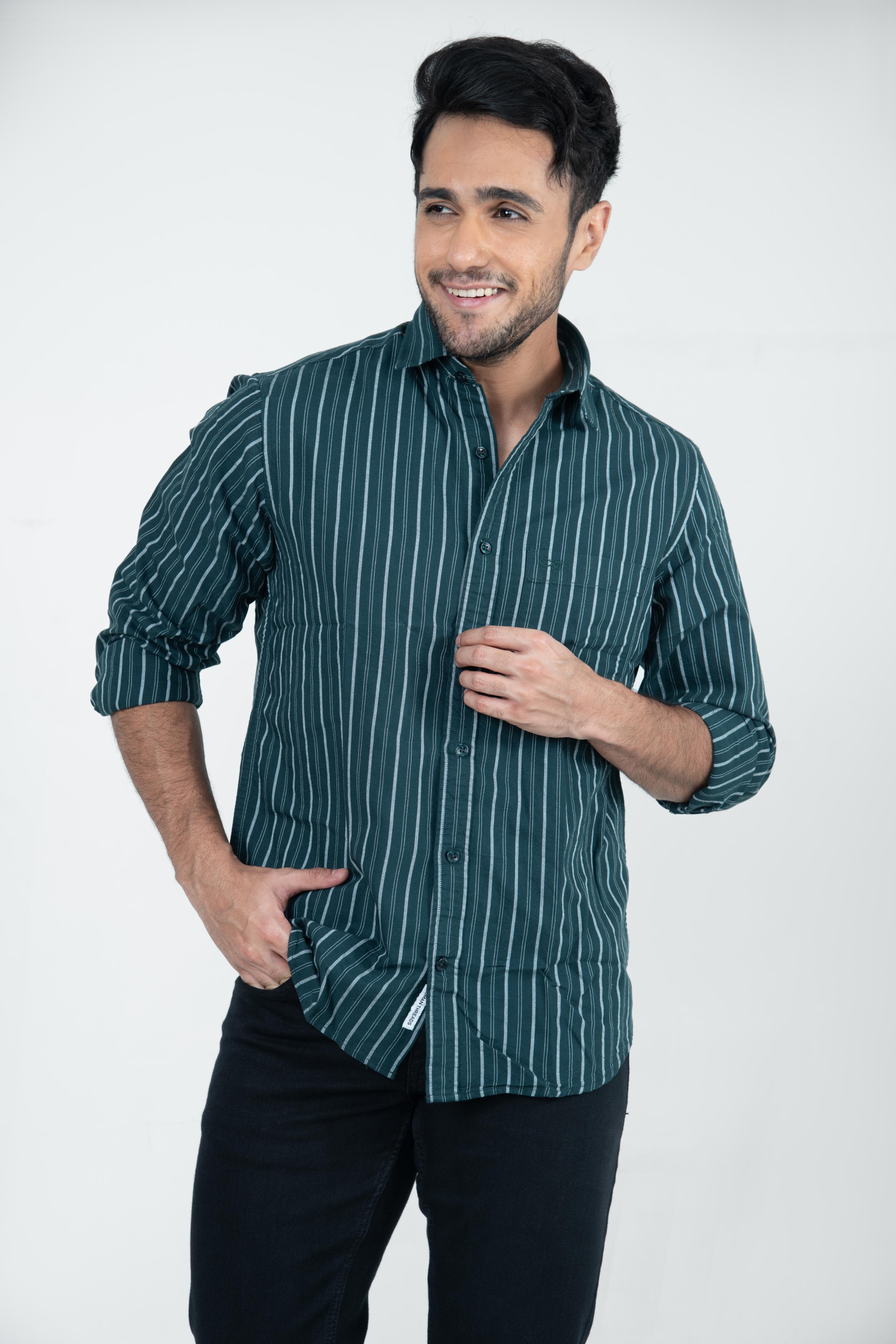 Roman Threads Green Striped Oxford Casual Shirt