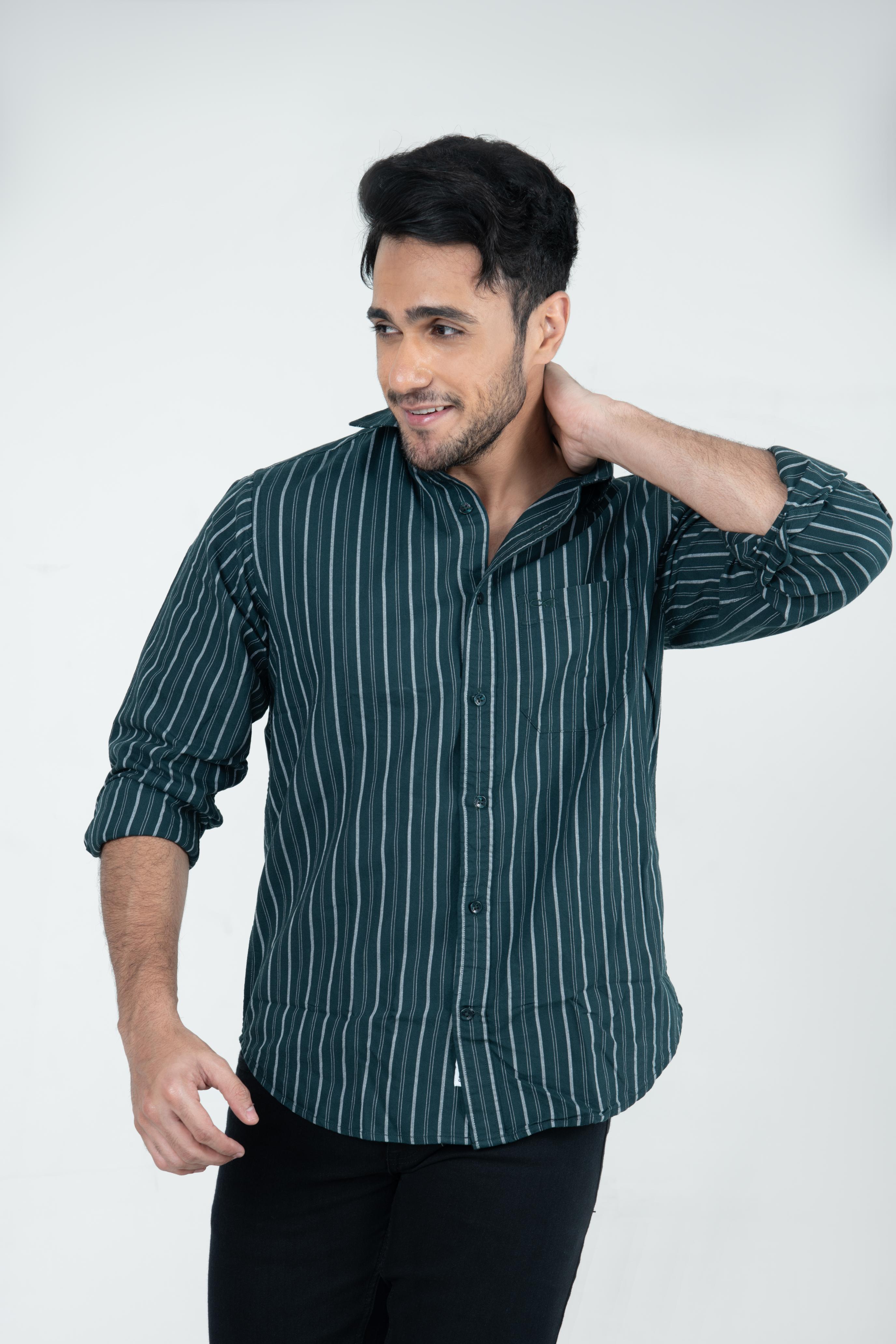 Roman Threads Green Striped Oxford Casual Shirt