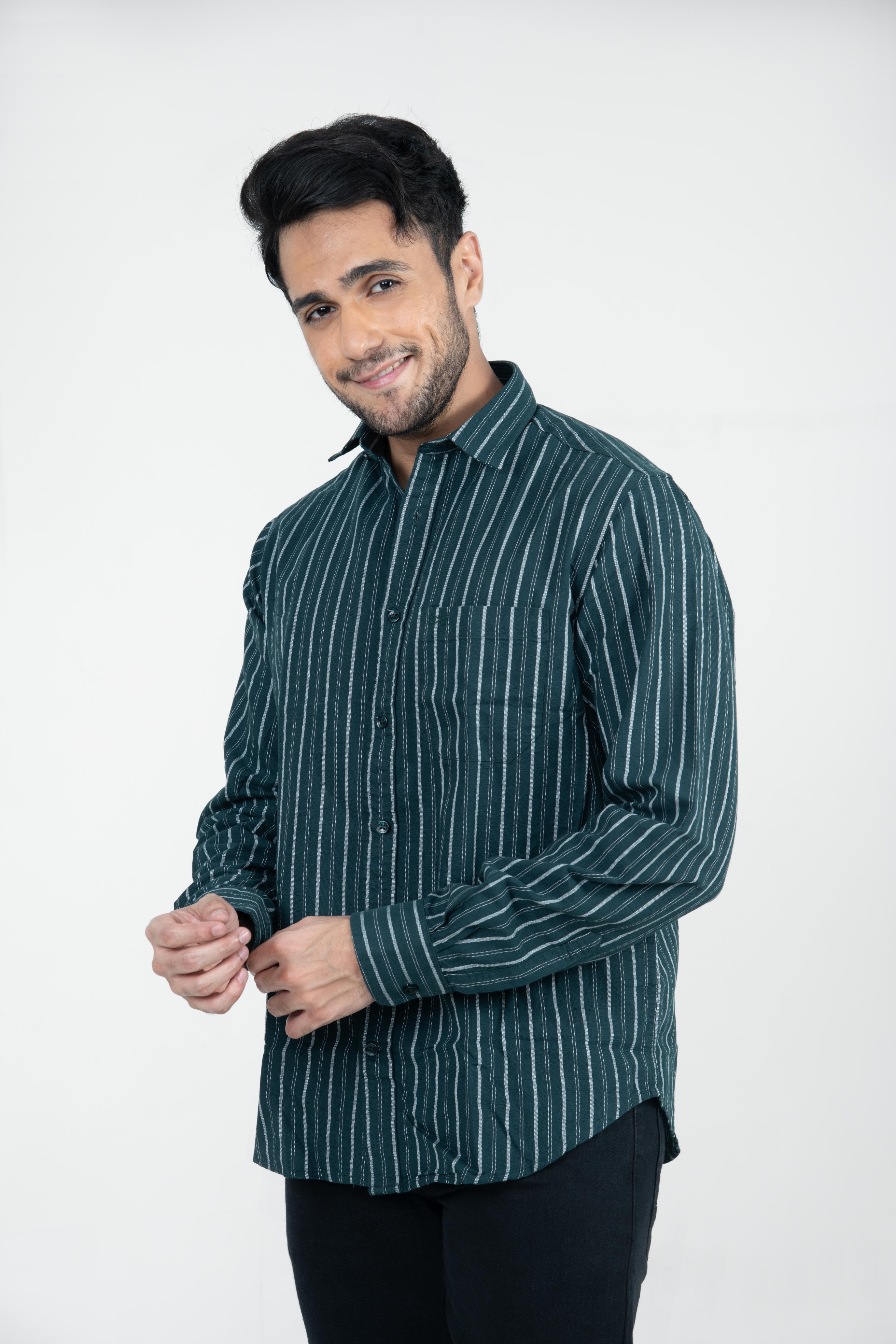 Roman Threads Green Striped Oxford Casual Shirt