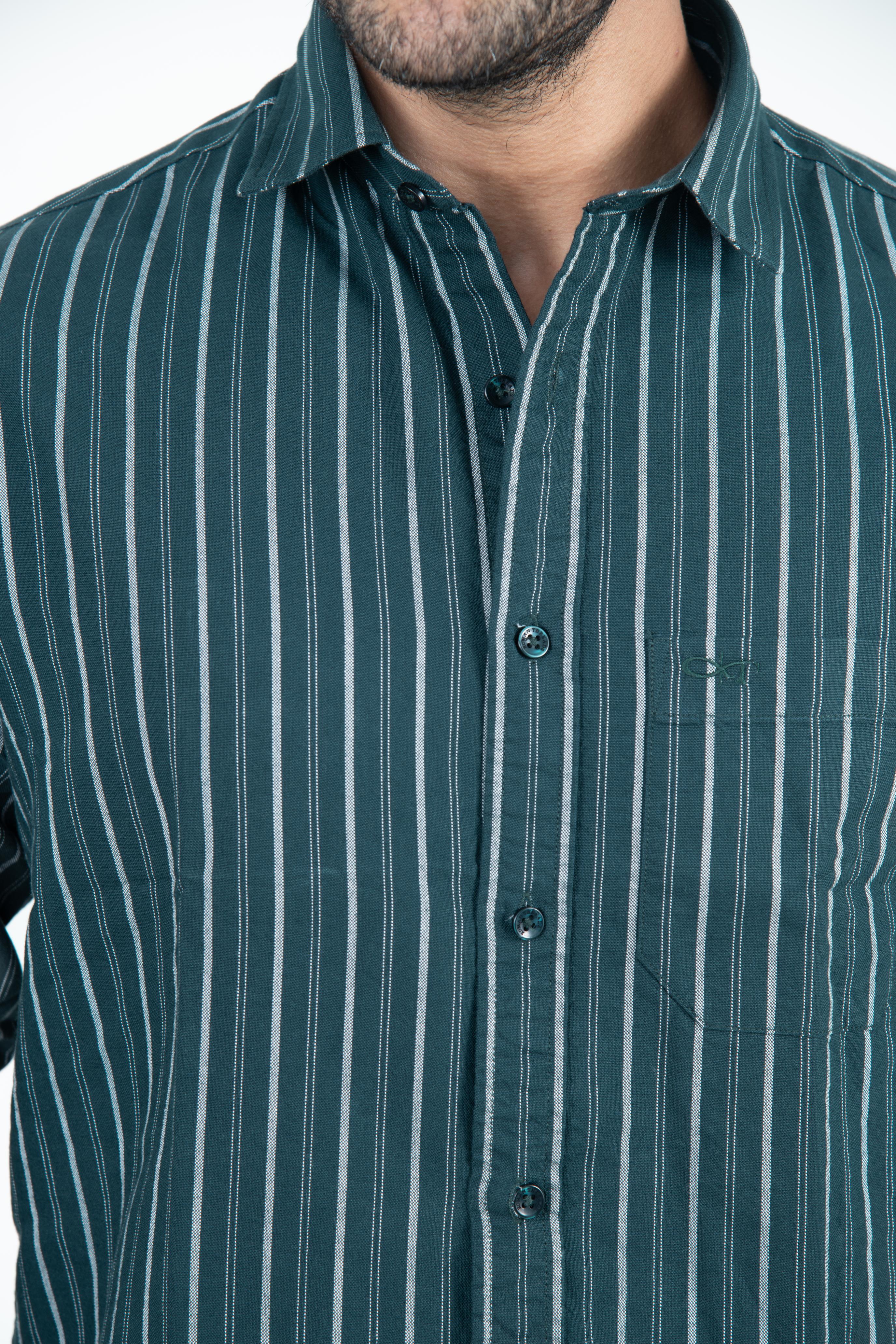 Roman Threads Green Striped Oxford Casual Shirt