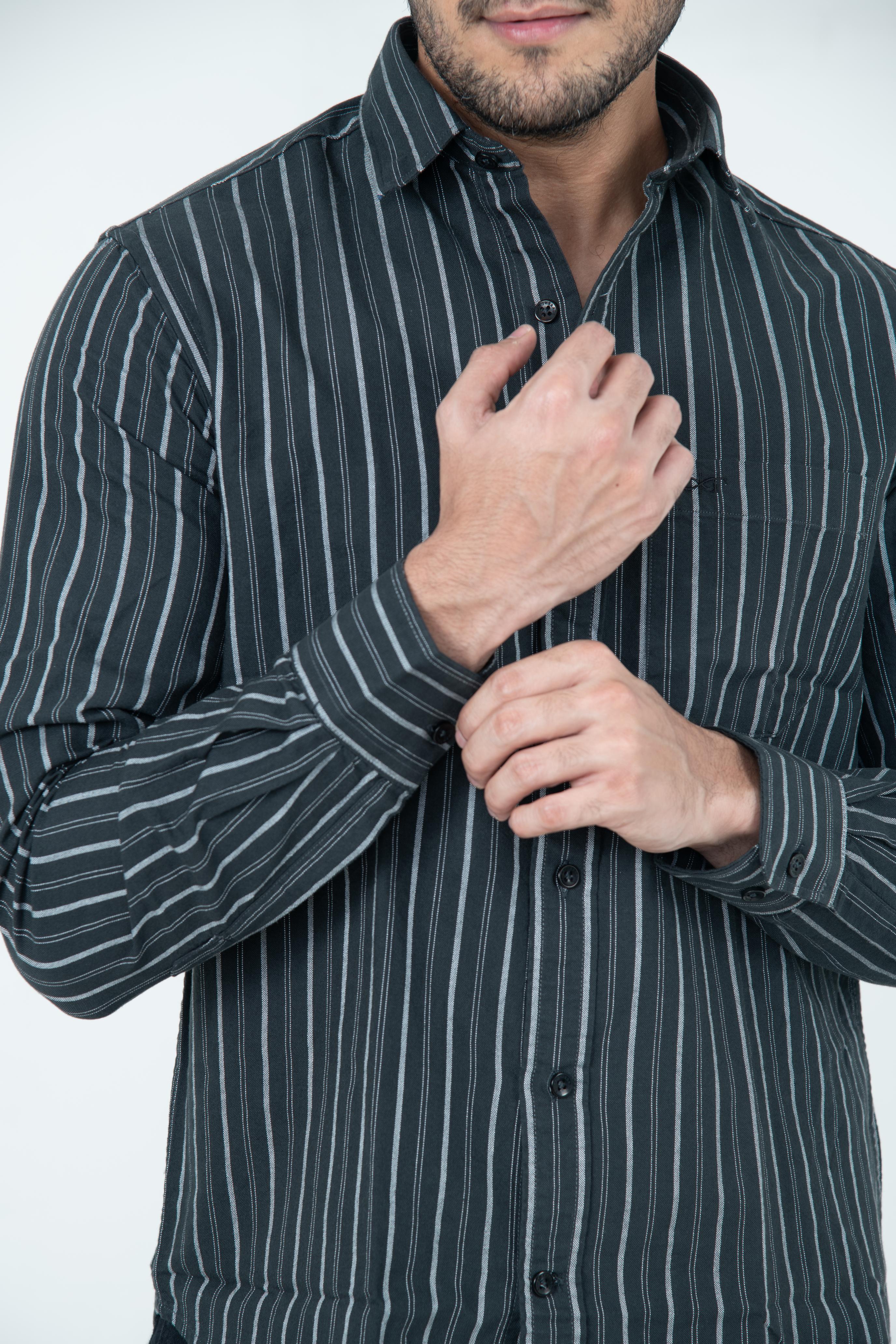 Roman Threads Black Striped Oxford  Shirt