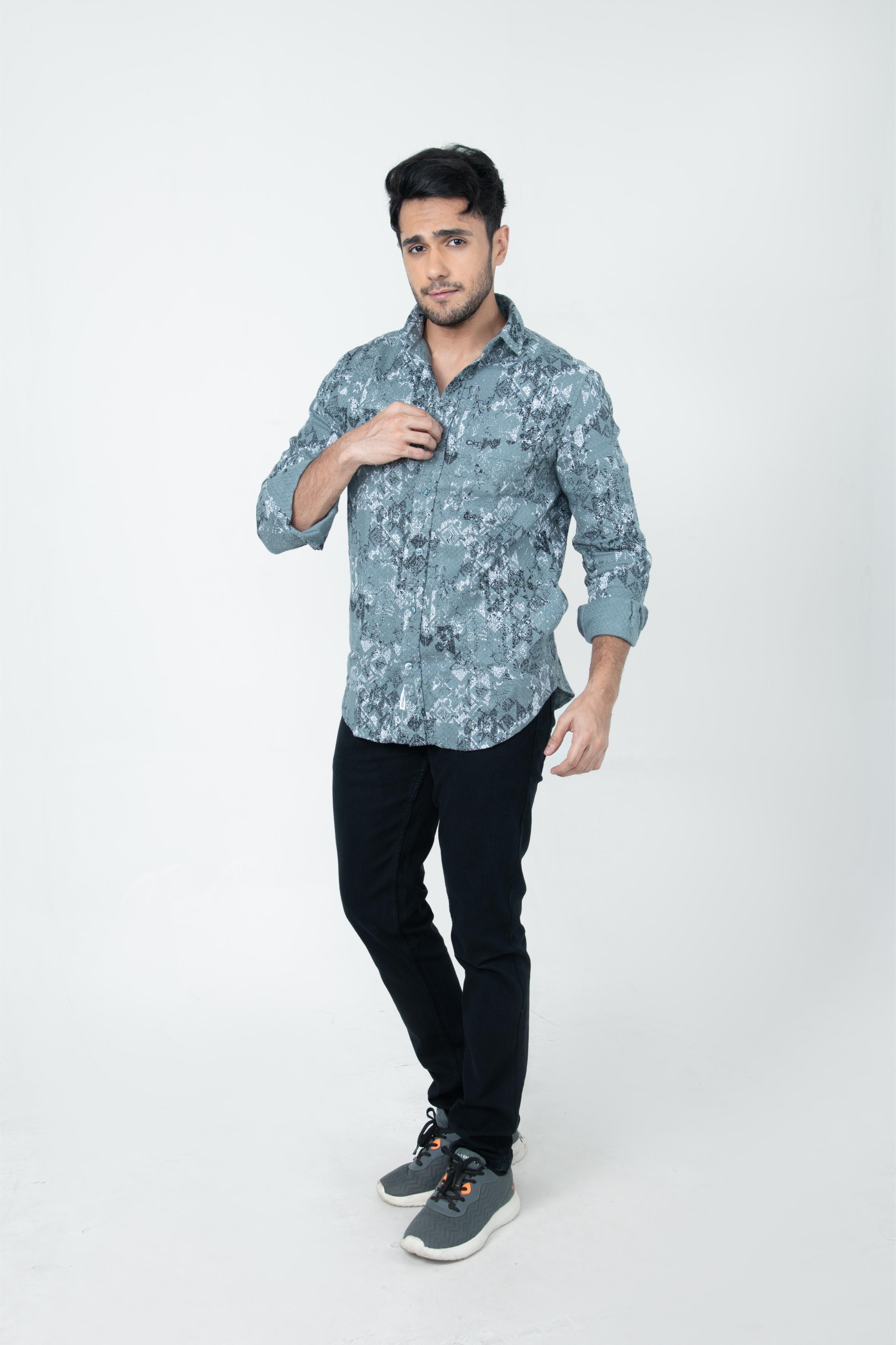 Roman Threads Grey Textured Printed  Dobby Shirt
