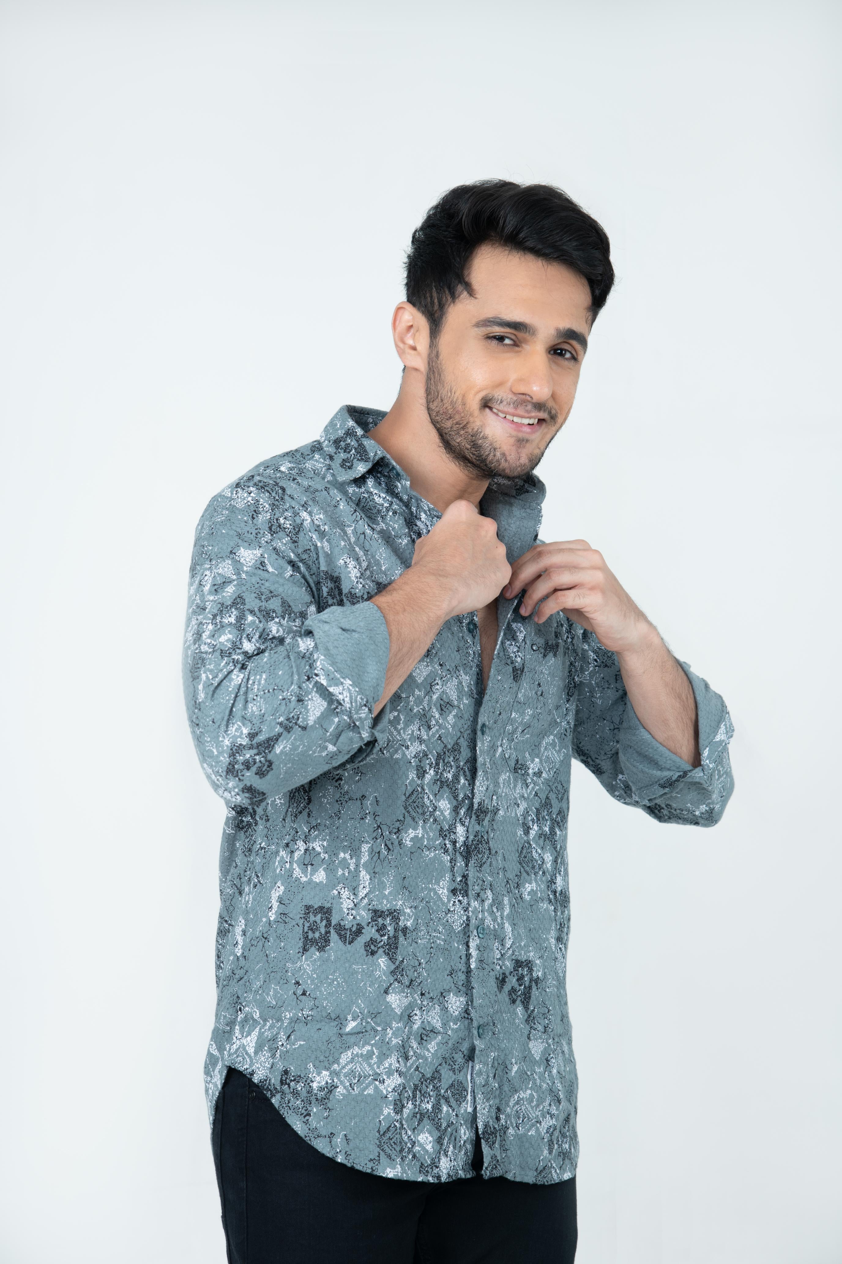 Roman Threads Grey Textured Printed  Dobby Shirt
