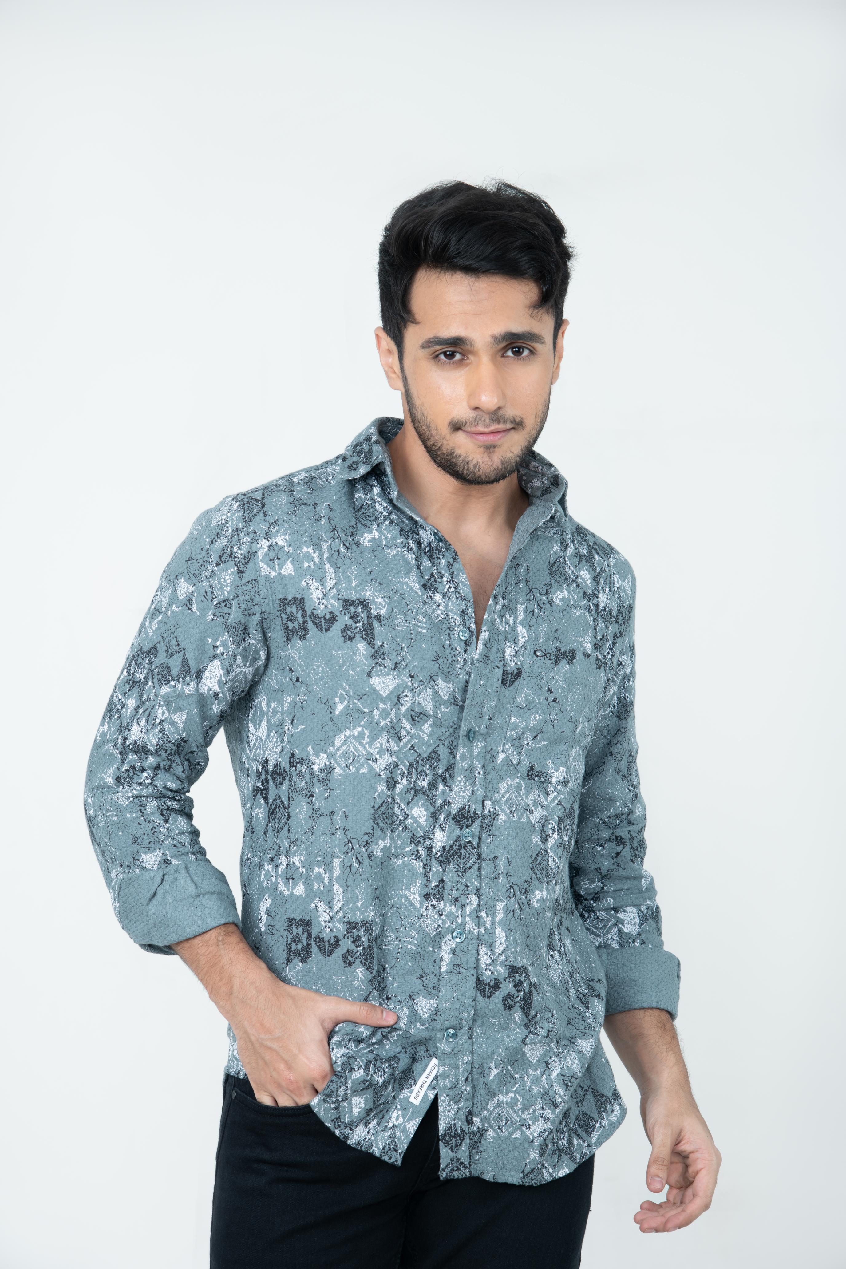 Roman Threads Grey Textured Printed  Dobby Shirt