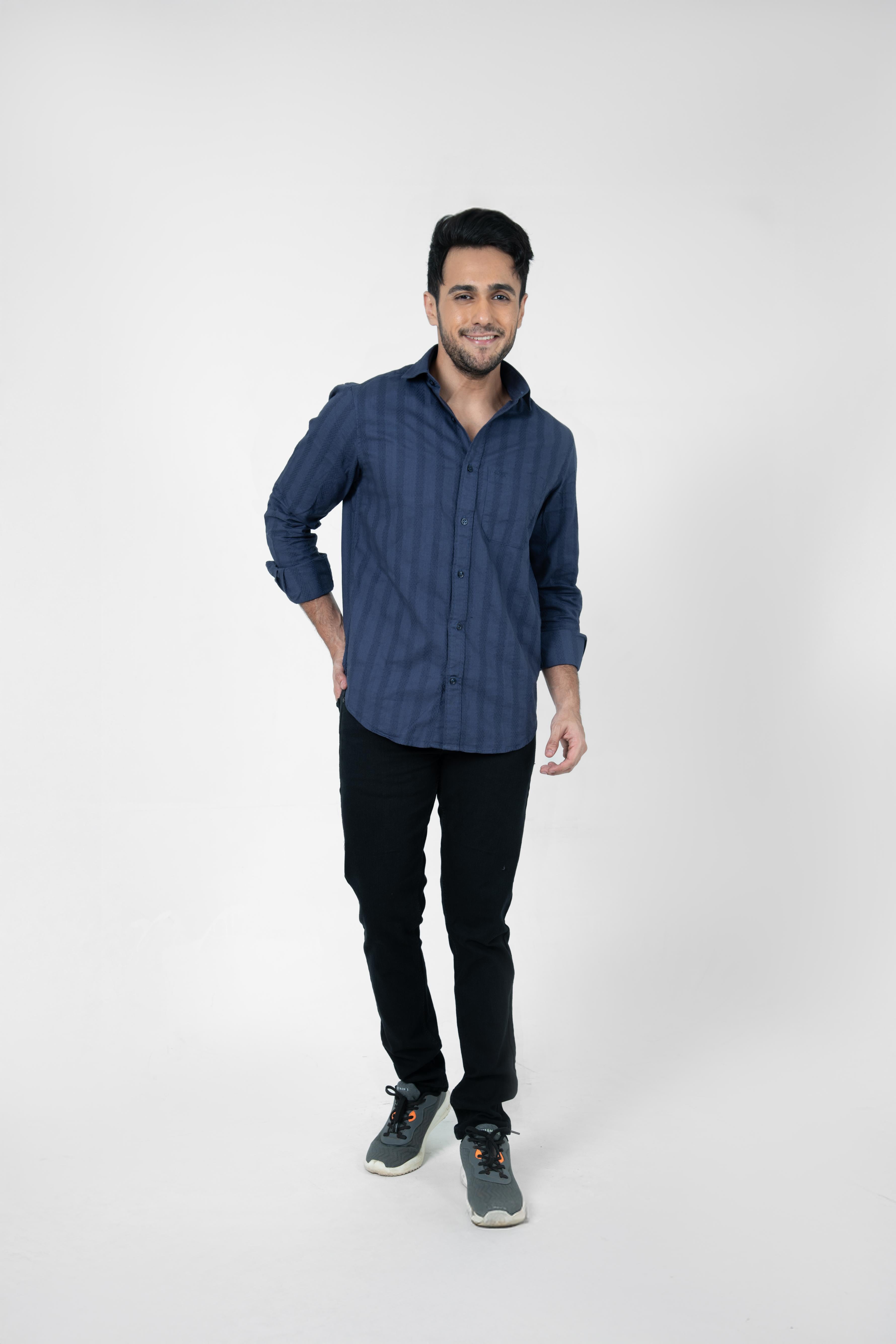 Roman Threads Navy Blue Dobby Textured Shirt