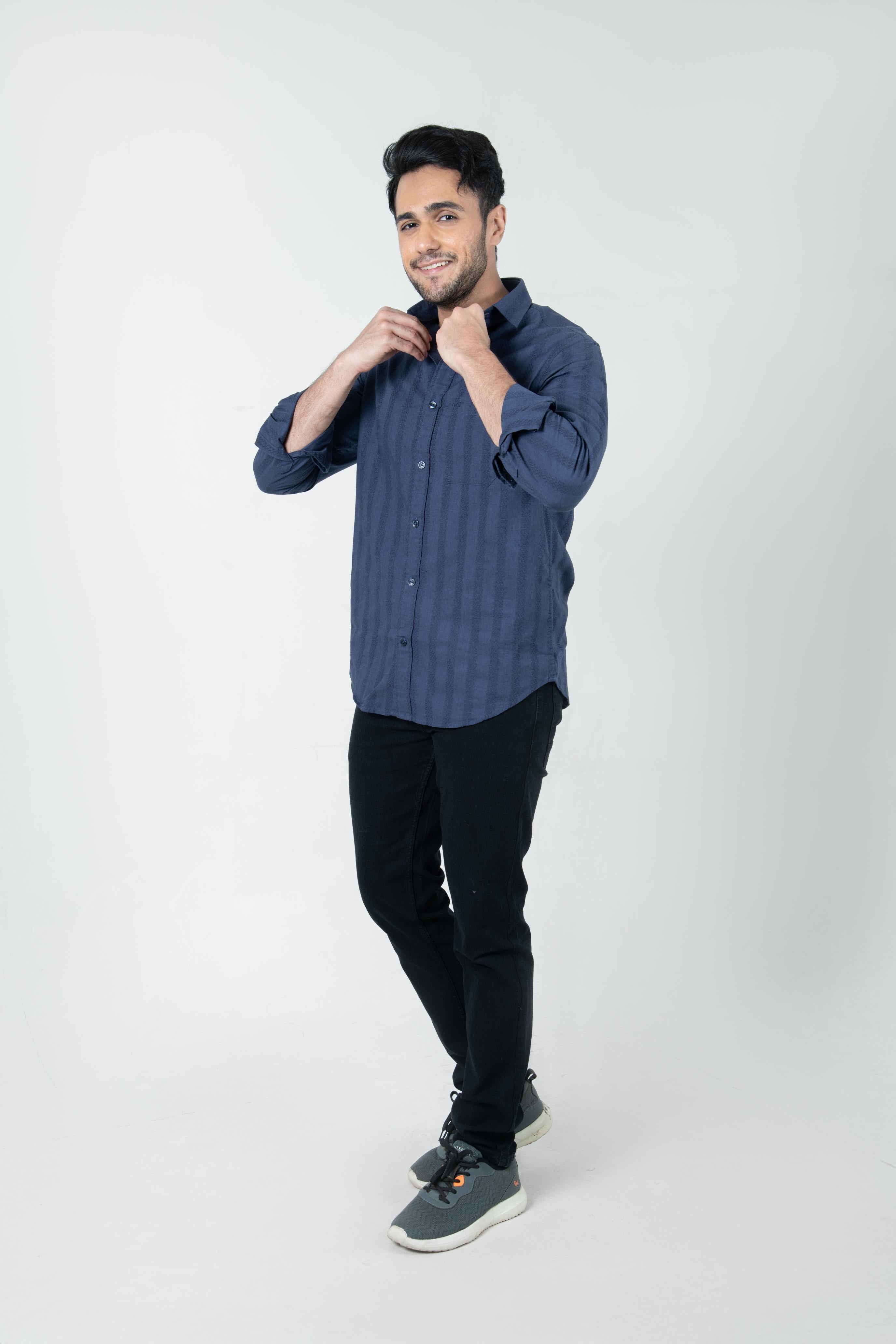 Roman Threads Navy Blue Dobby Textured Shirt