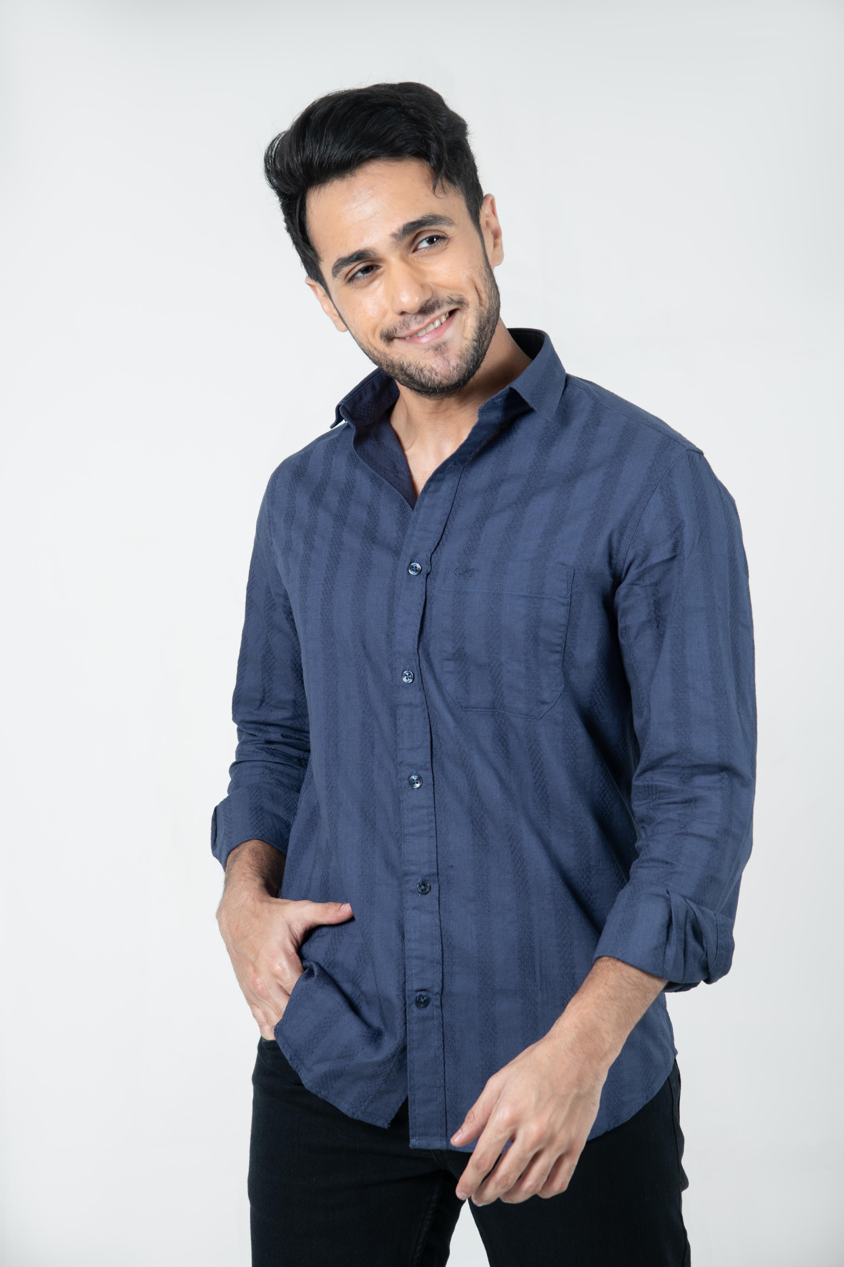 Roman Threads Navy Blue Dobby Textured Shirt