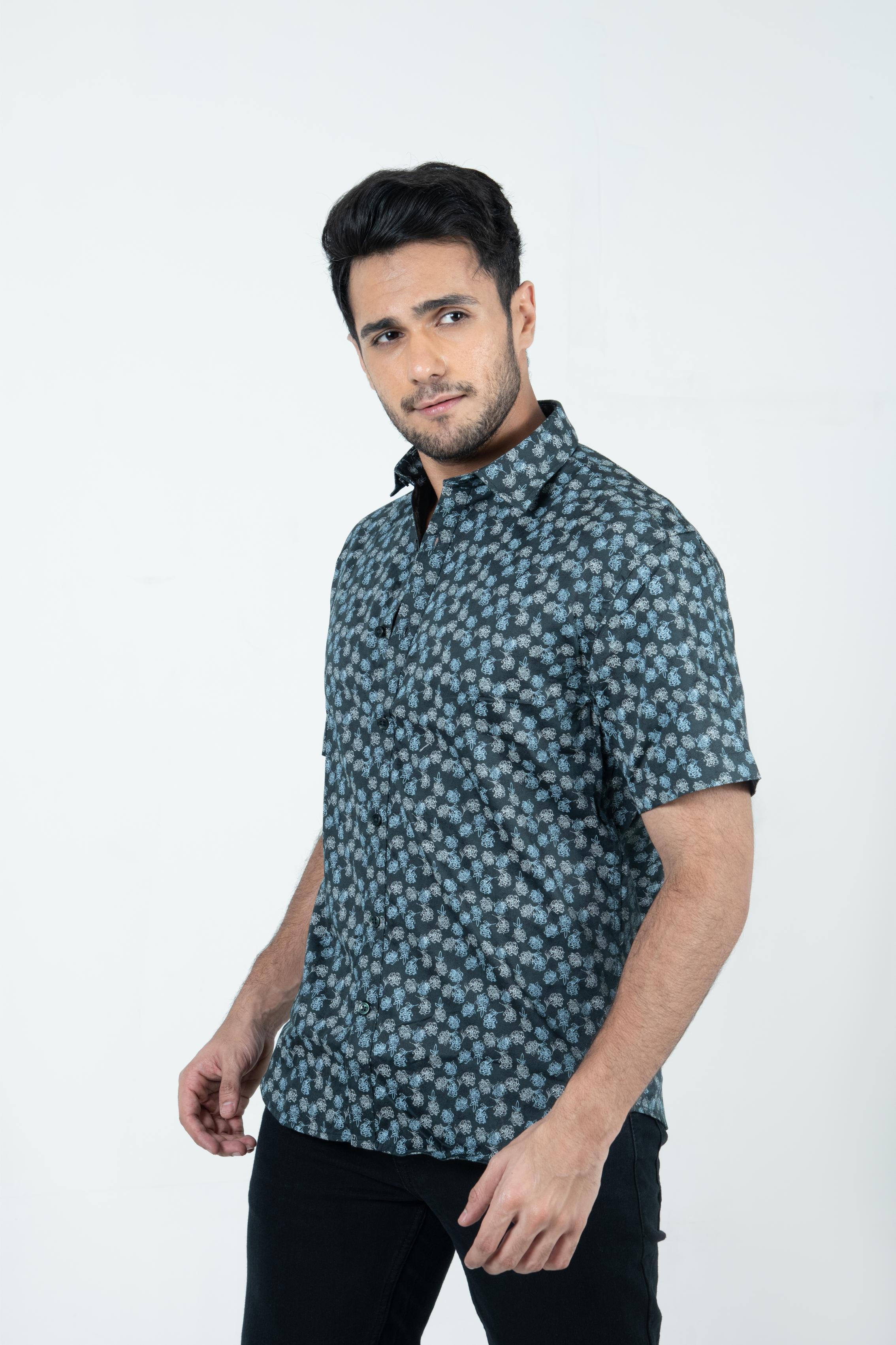 Roman Threads Black Floral Printed Satin  Shirt