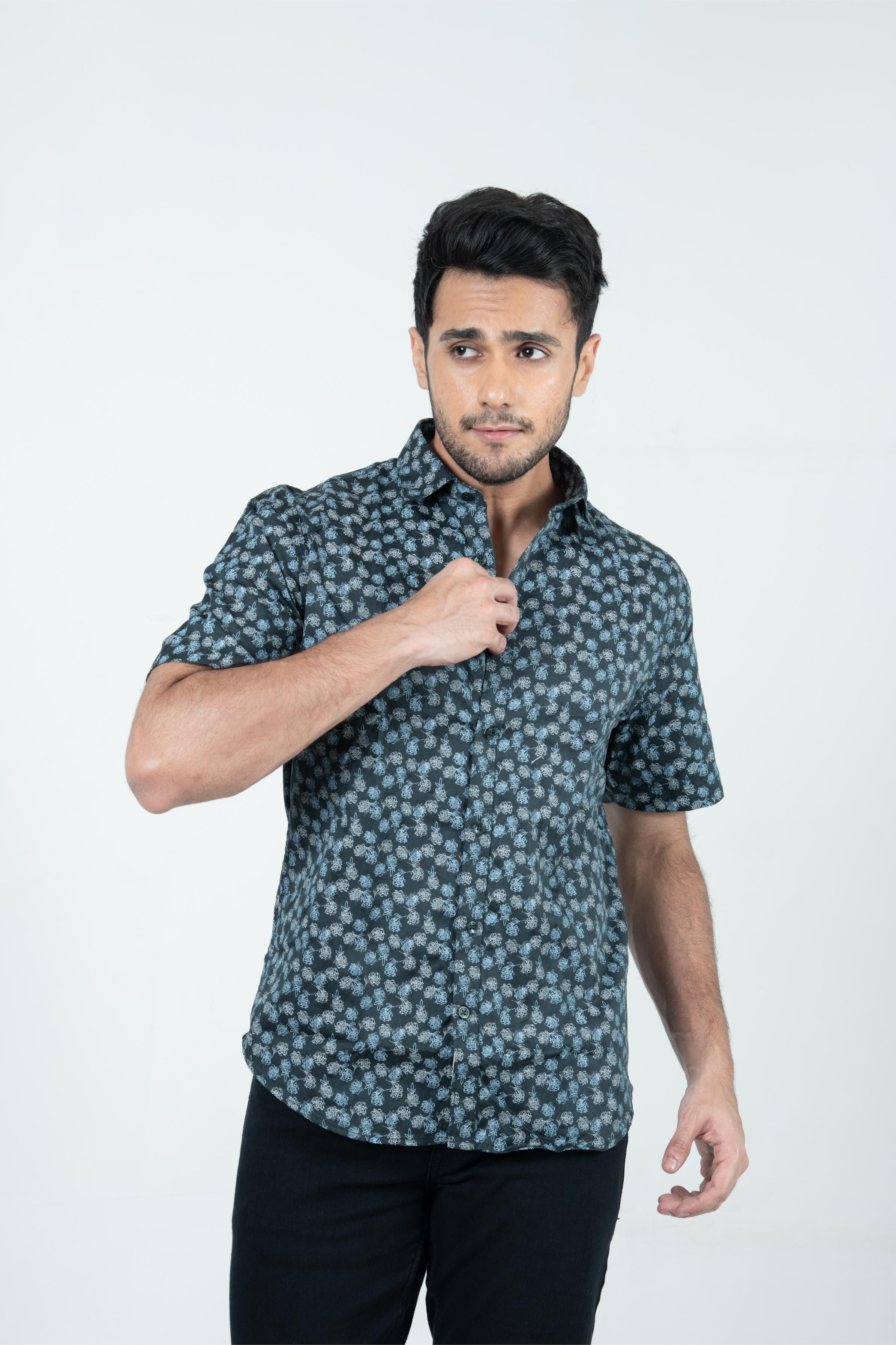 Roman Threads Black Floral Printed Satin  Shirt