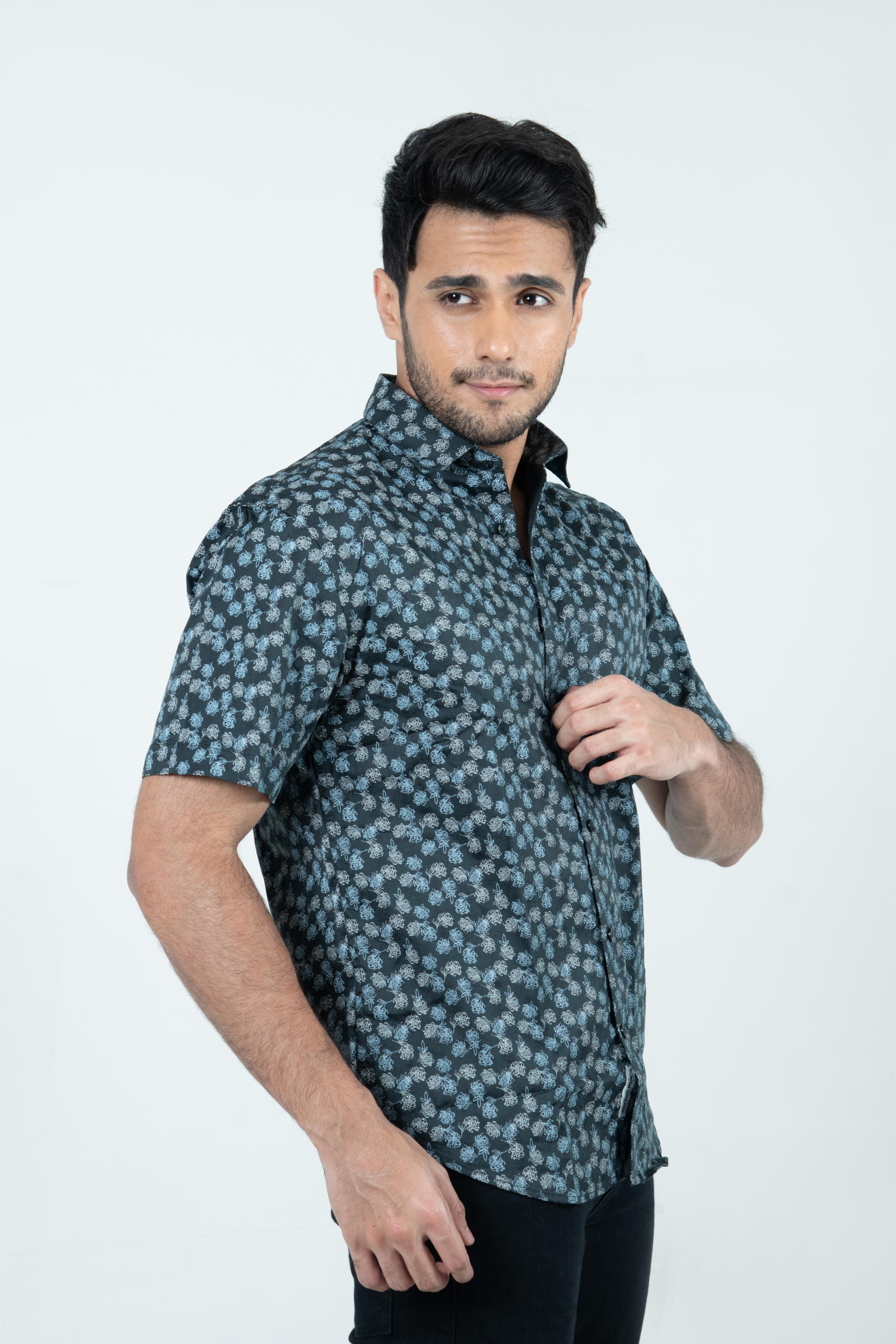 Roman Threads Black Floral Printed Satin  Shirt