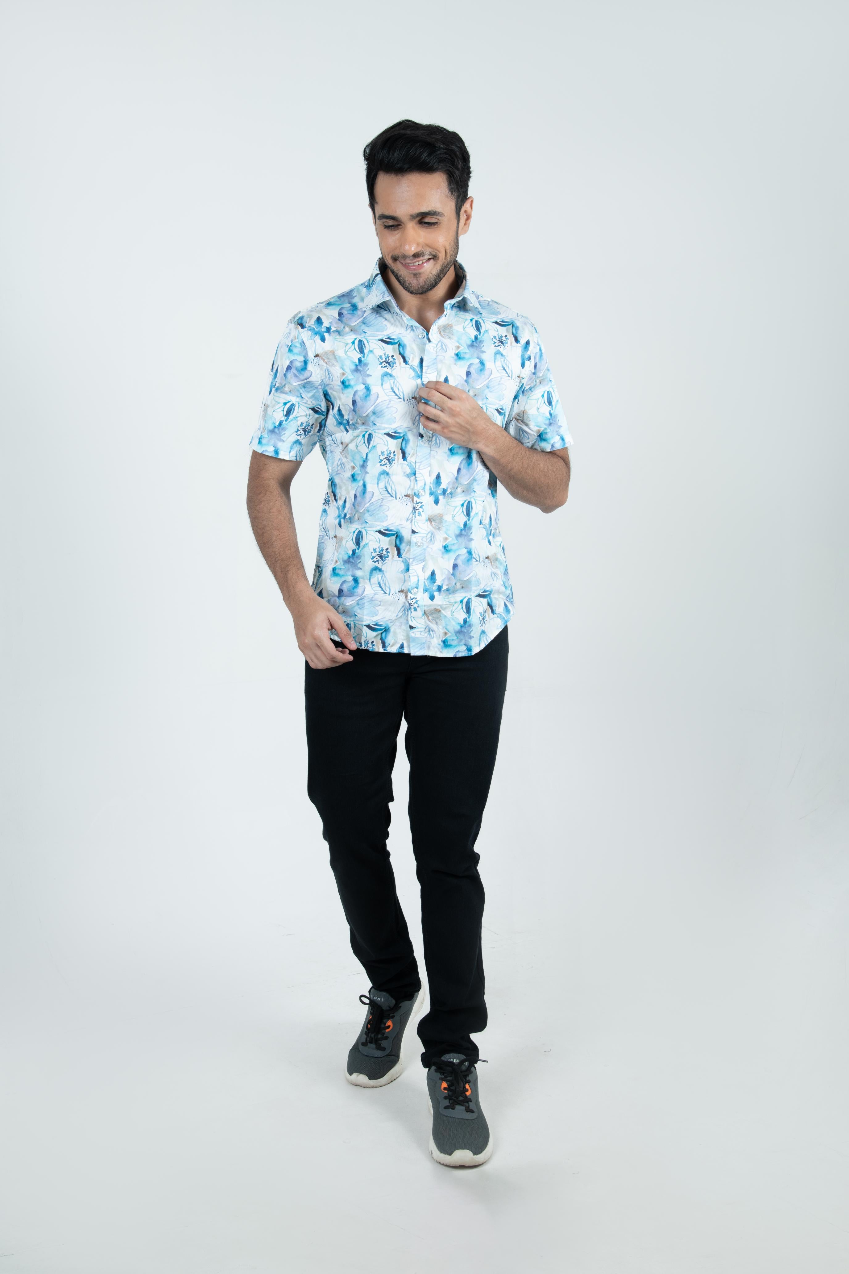 Roman Threads Blue Floral Printed Satin  Shirt