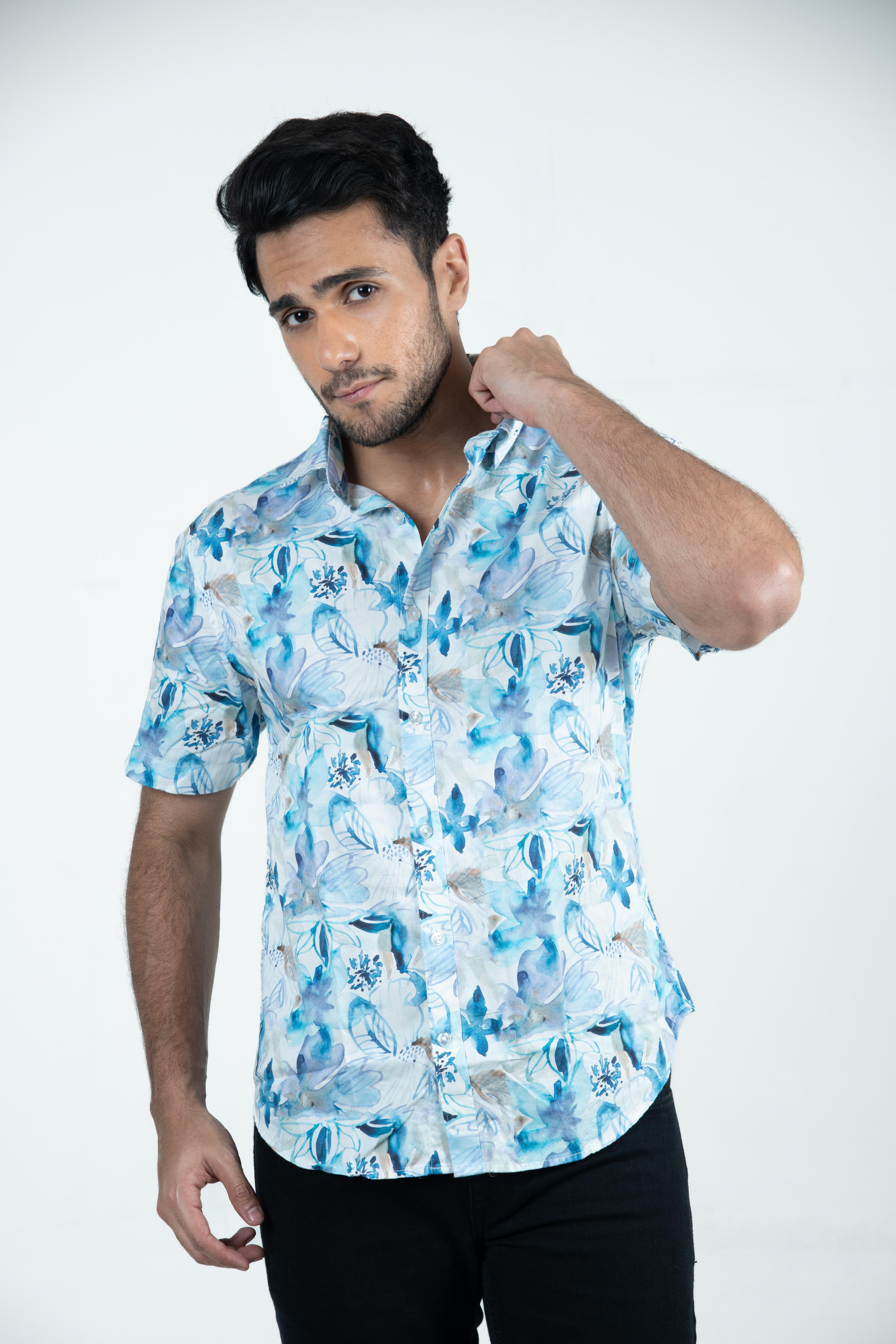 Roman Threads Blue Floral Printed Satin  Shirt