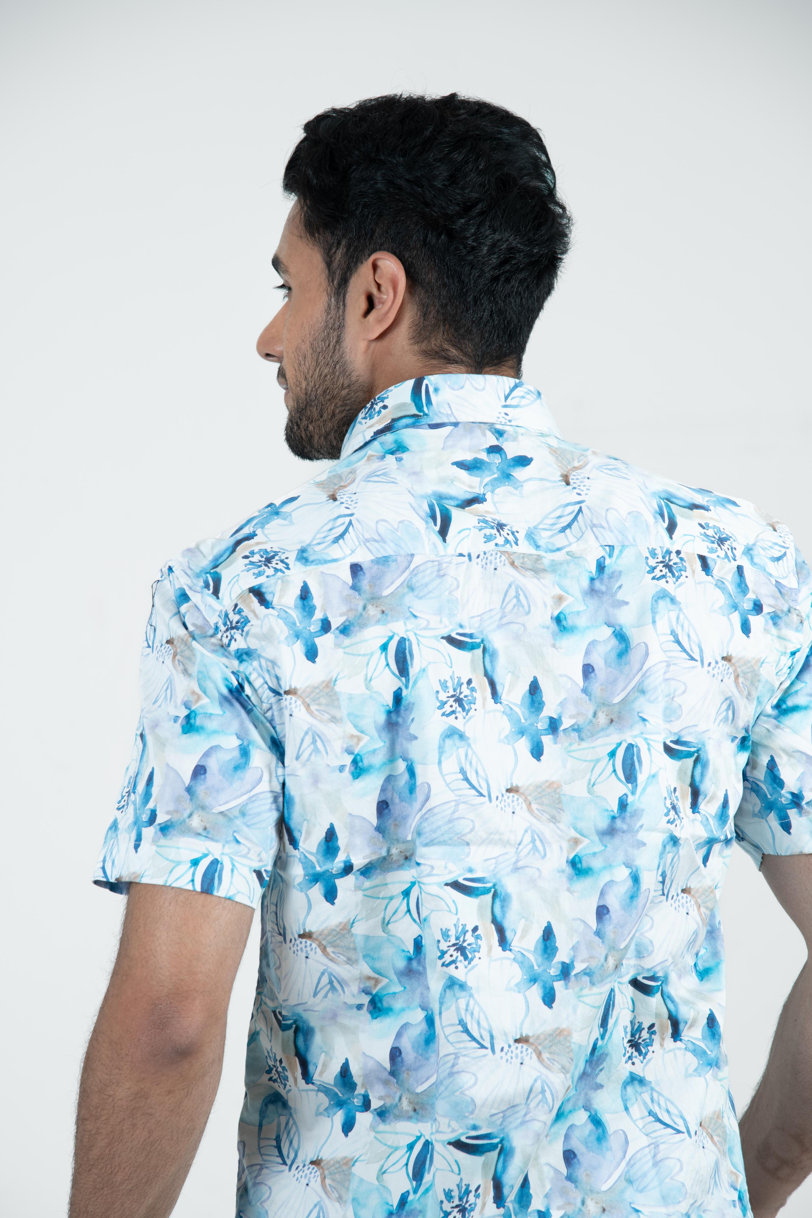 Roman Threads Blue Floral Printed Satin  Shirt