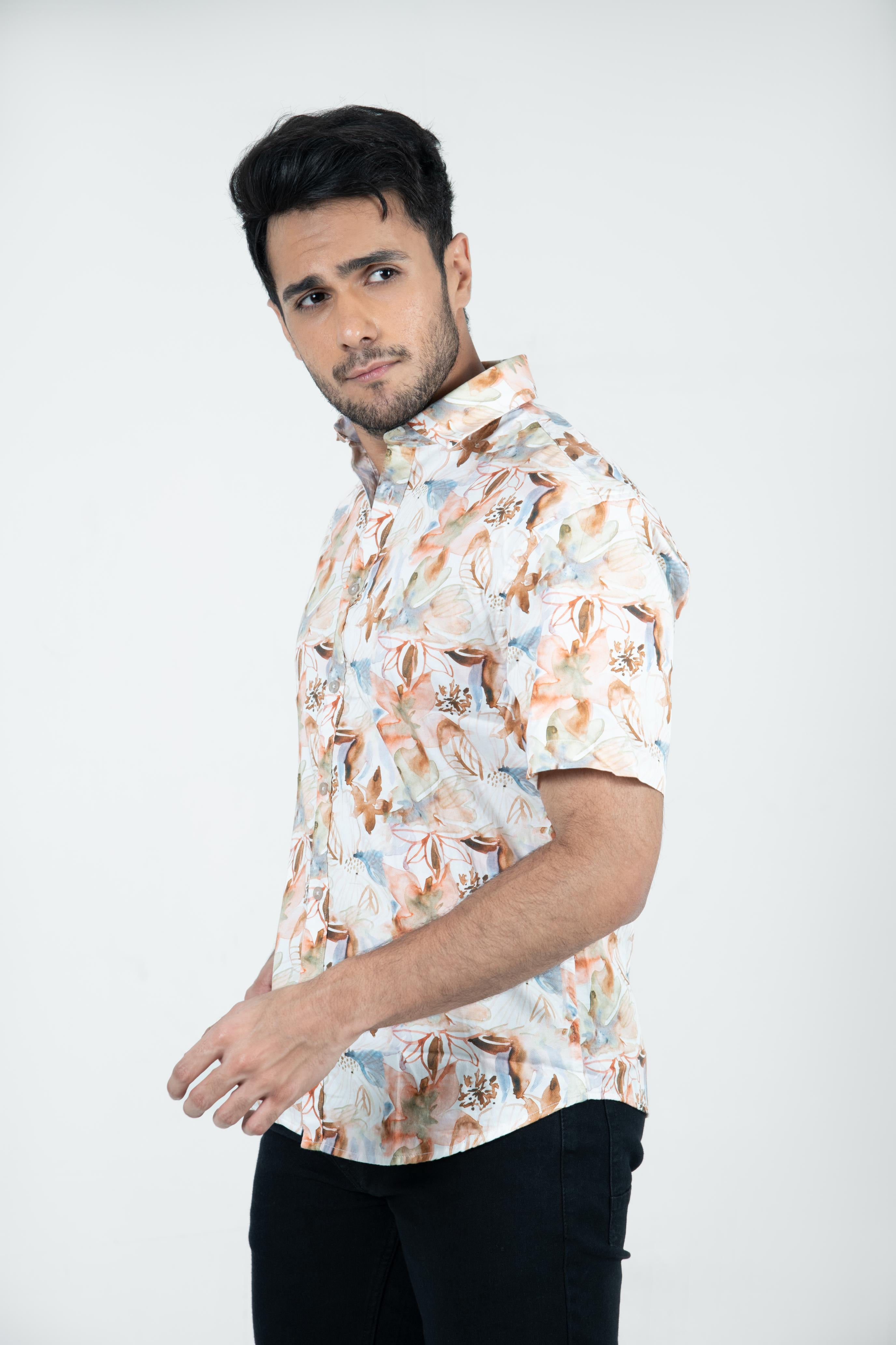 Roman Threads Peach Floral Printed  Satin Shirt