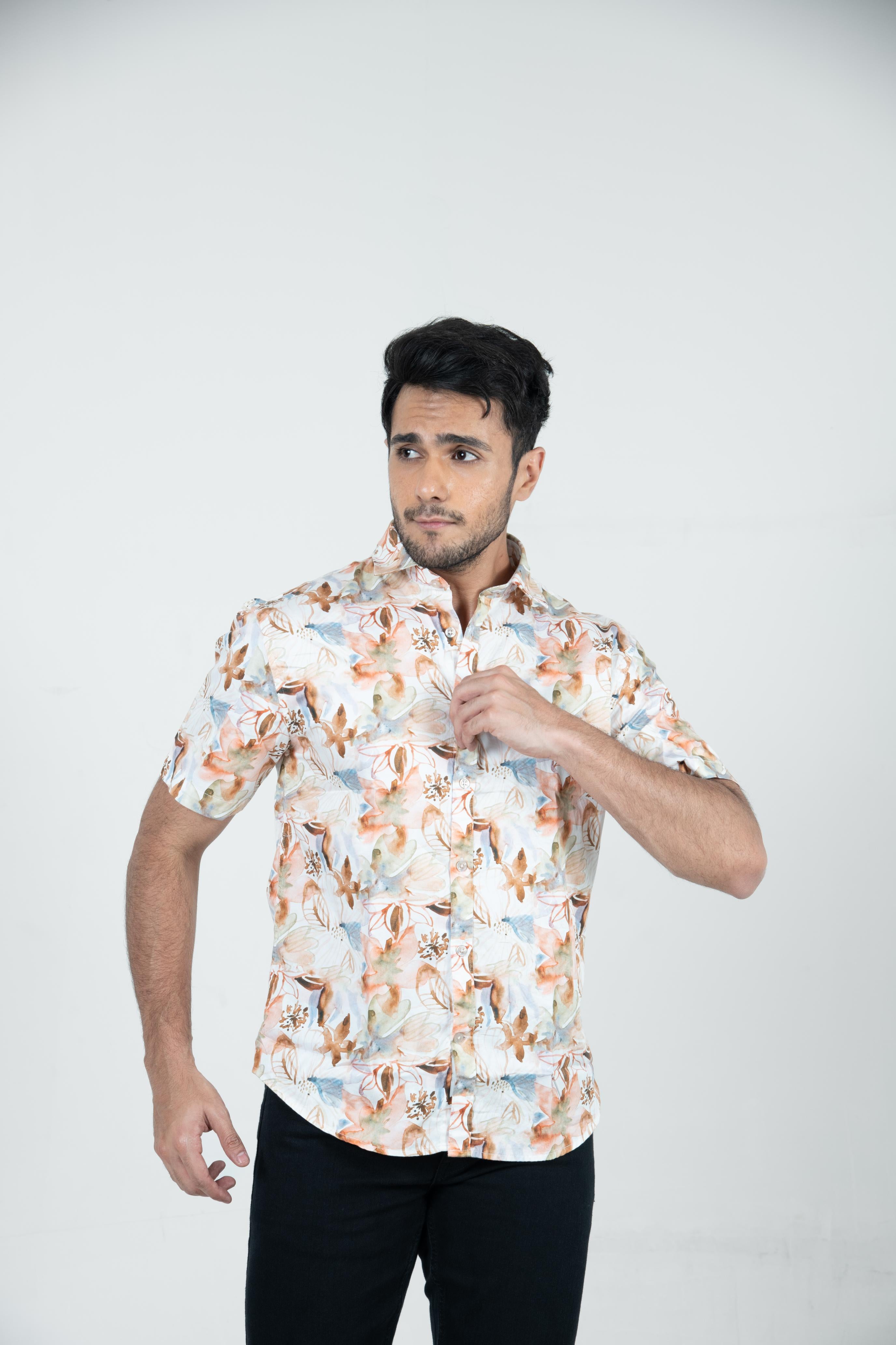 Roman Threads Peach Floral Printed  Satin Shirt