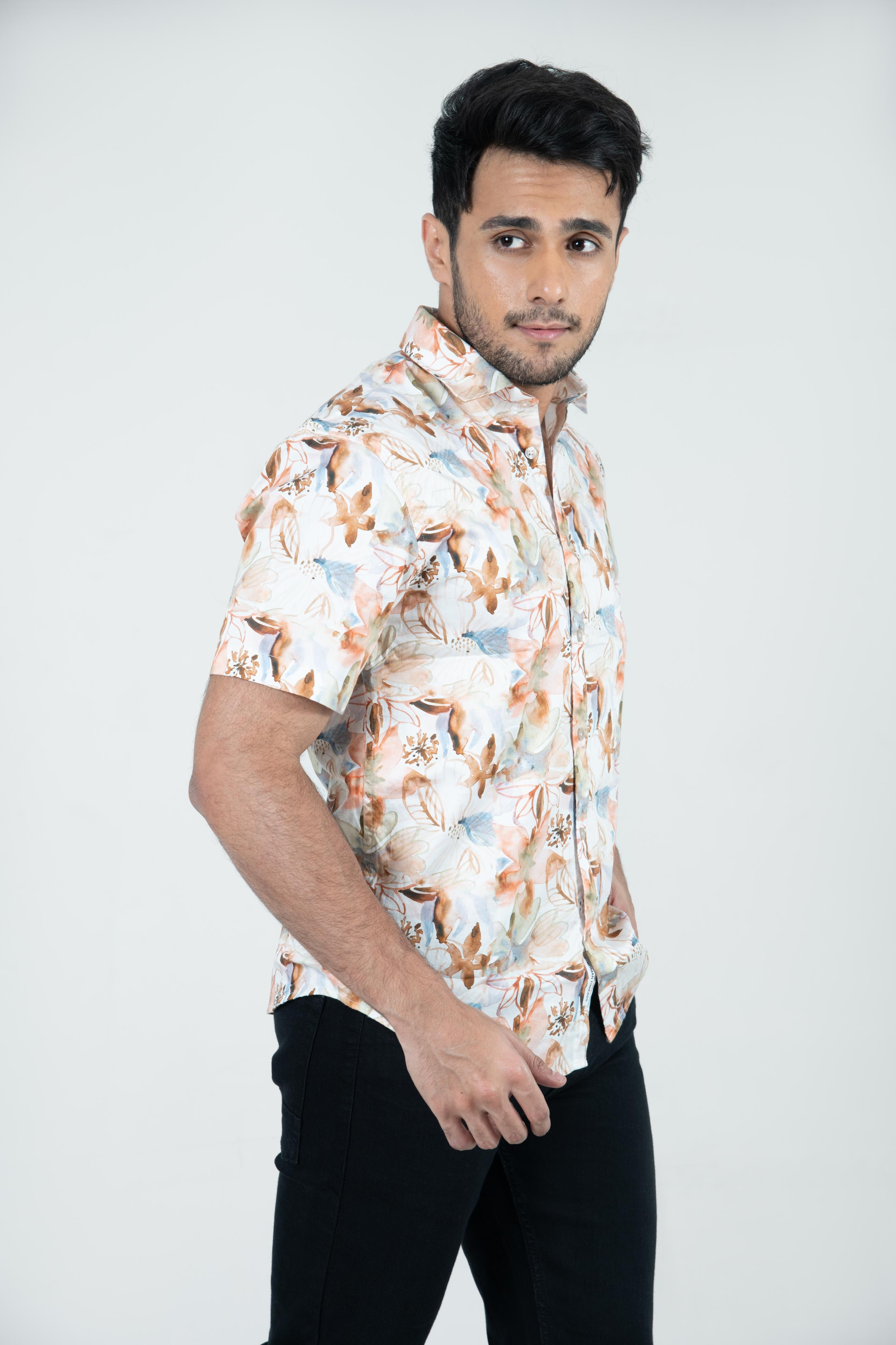 Roman Threads Peach Floral Printed  Satin Shirt