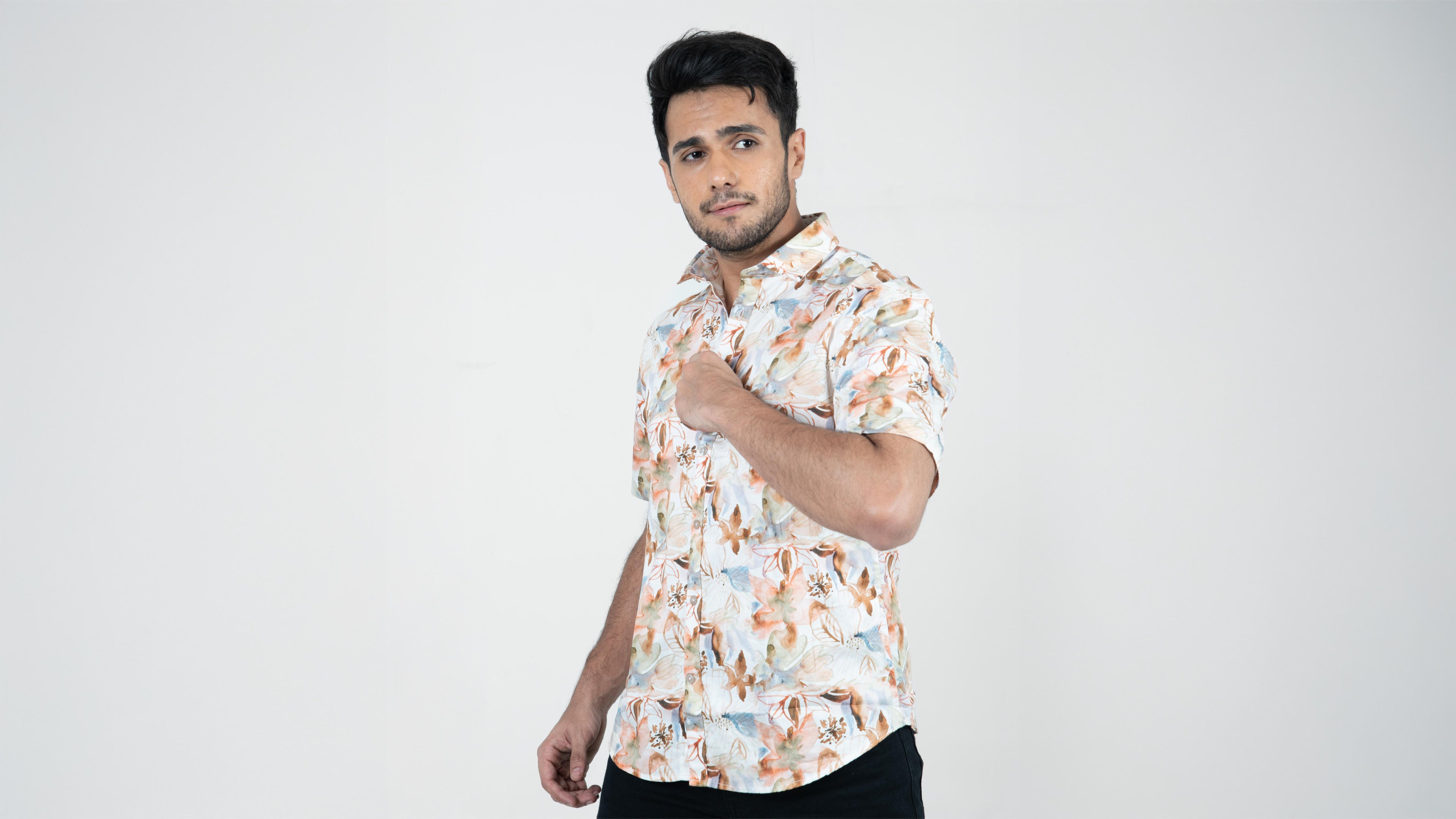 Roman Threads Peach Floral Printed  Satin Shirt