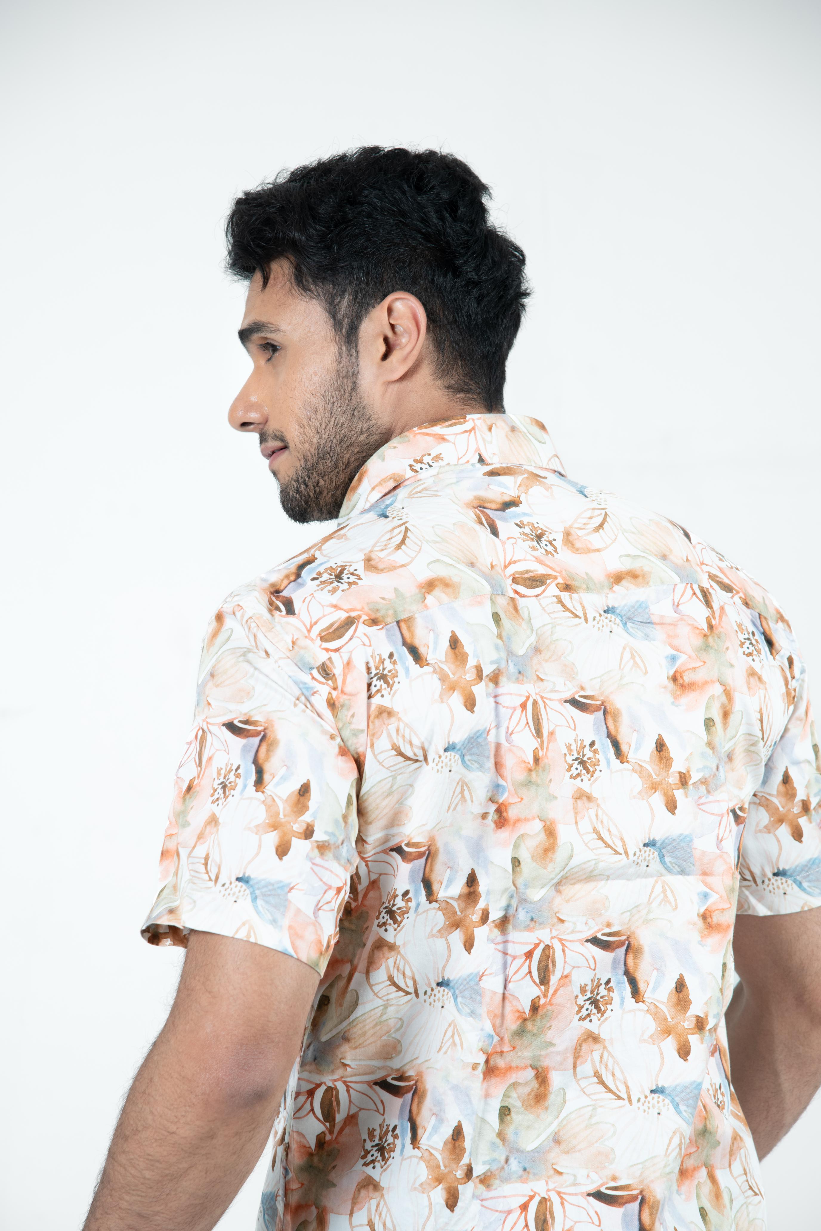 Roman Threads Peach Floral Printed  Satin Shirt