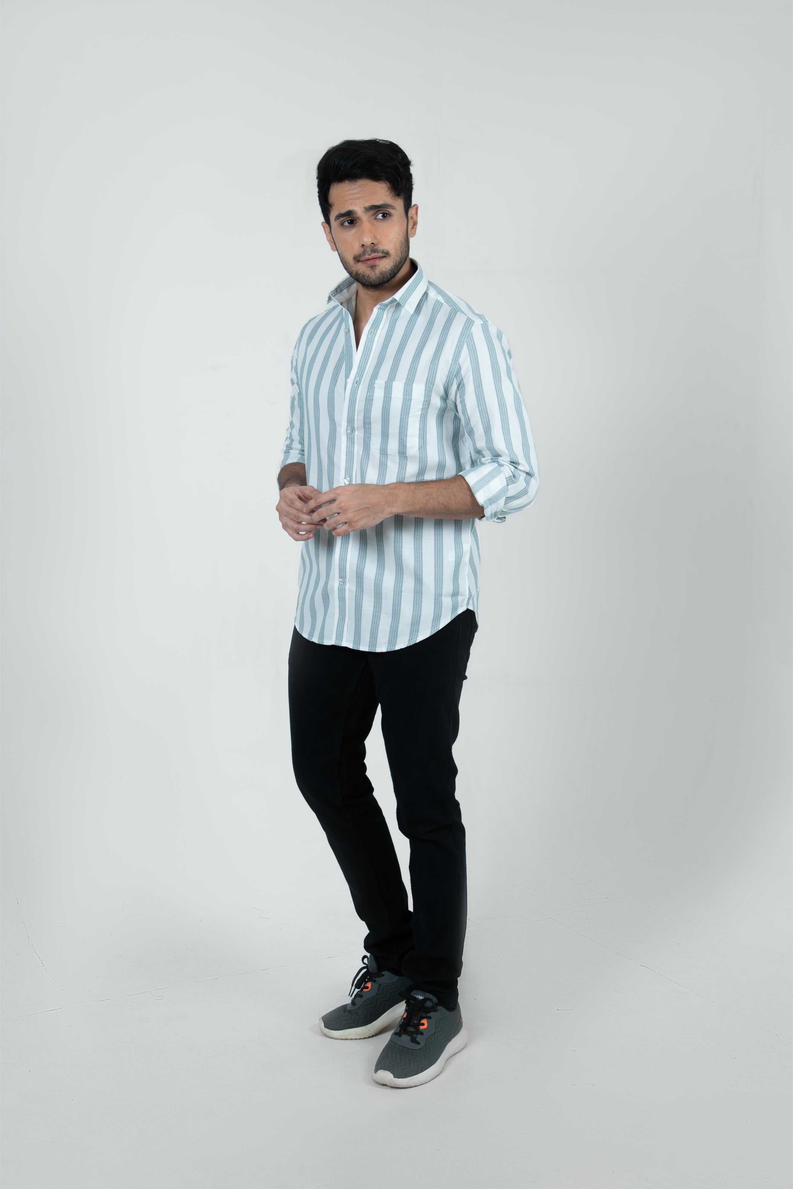 Roman Threads Mint Green Dobby Extrafine Striped Shirt