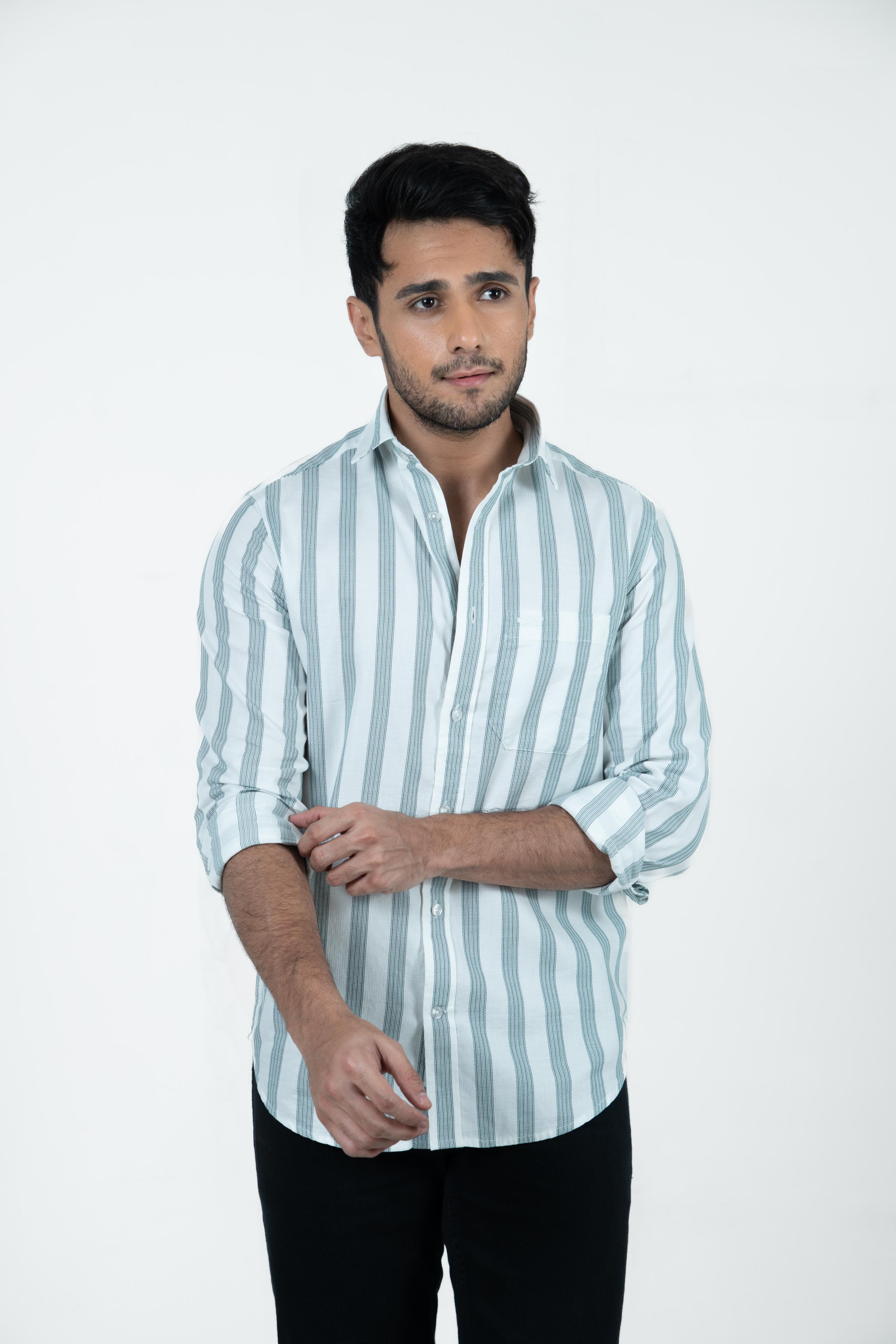 Roman Threads Mint Green Dobby Extrafine Striped Shirt