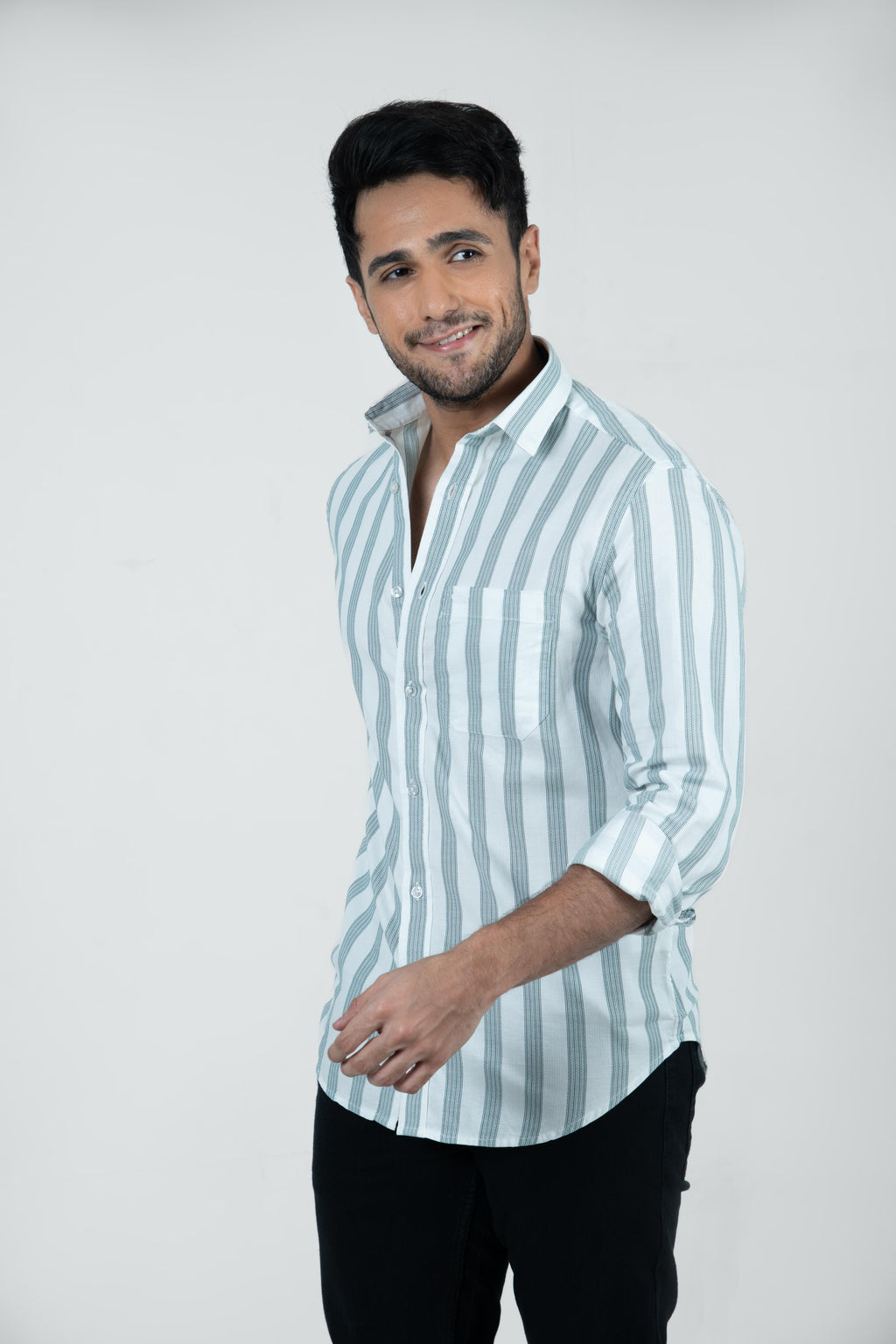Roman Threads Mint Green Dobby Extrafine Striped Shirt