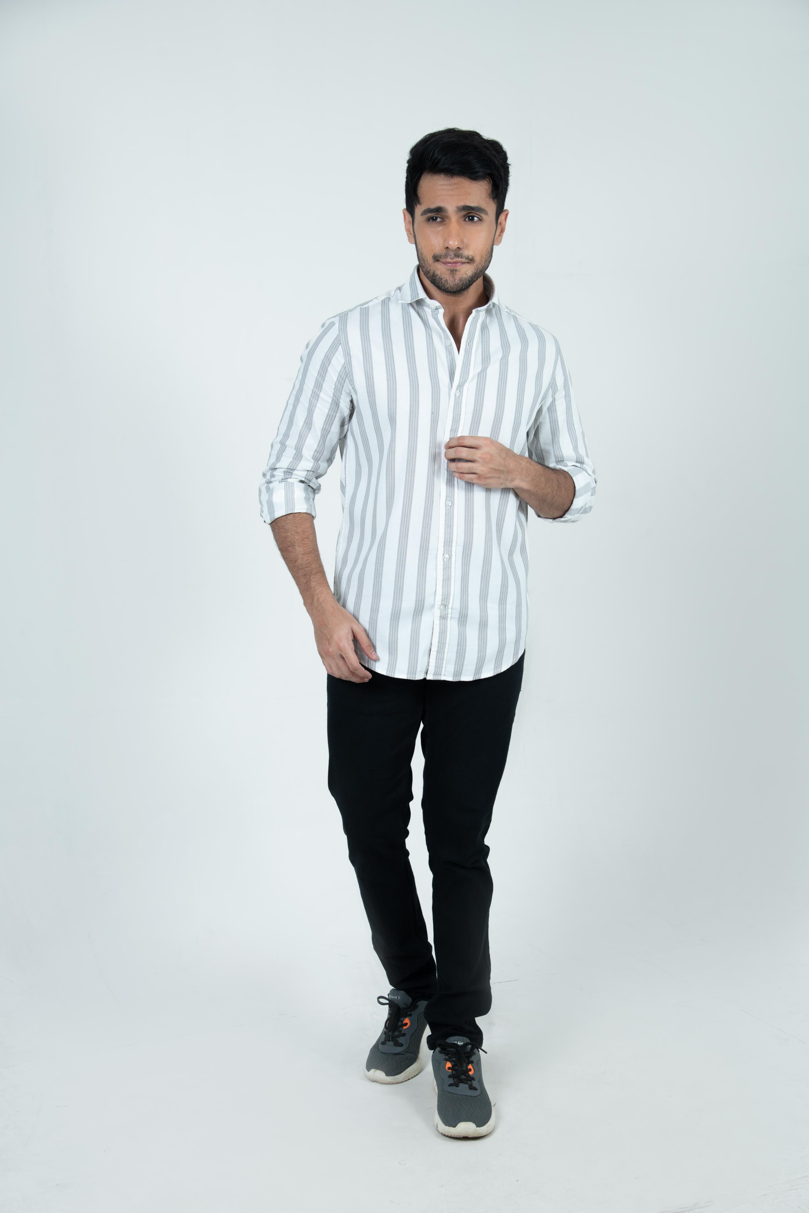 Roman Threads Sand Beige  Dobby Extrafine Striped Shirt