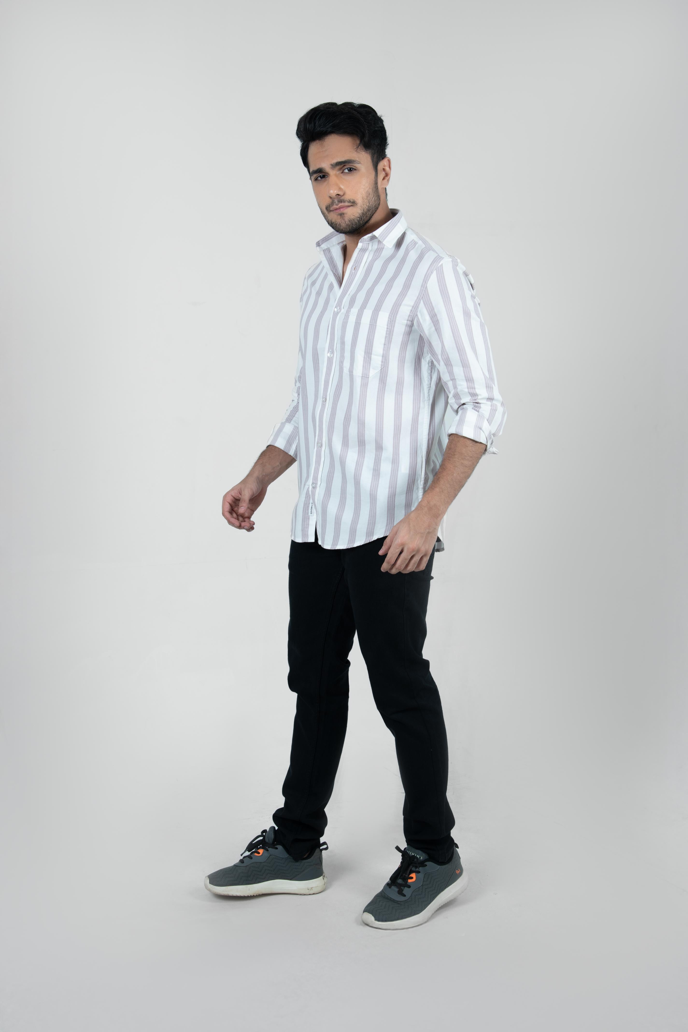 Roman Threads Brown Dobby Extrafine Striped Shirt