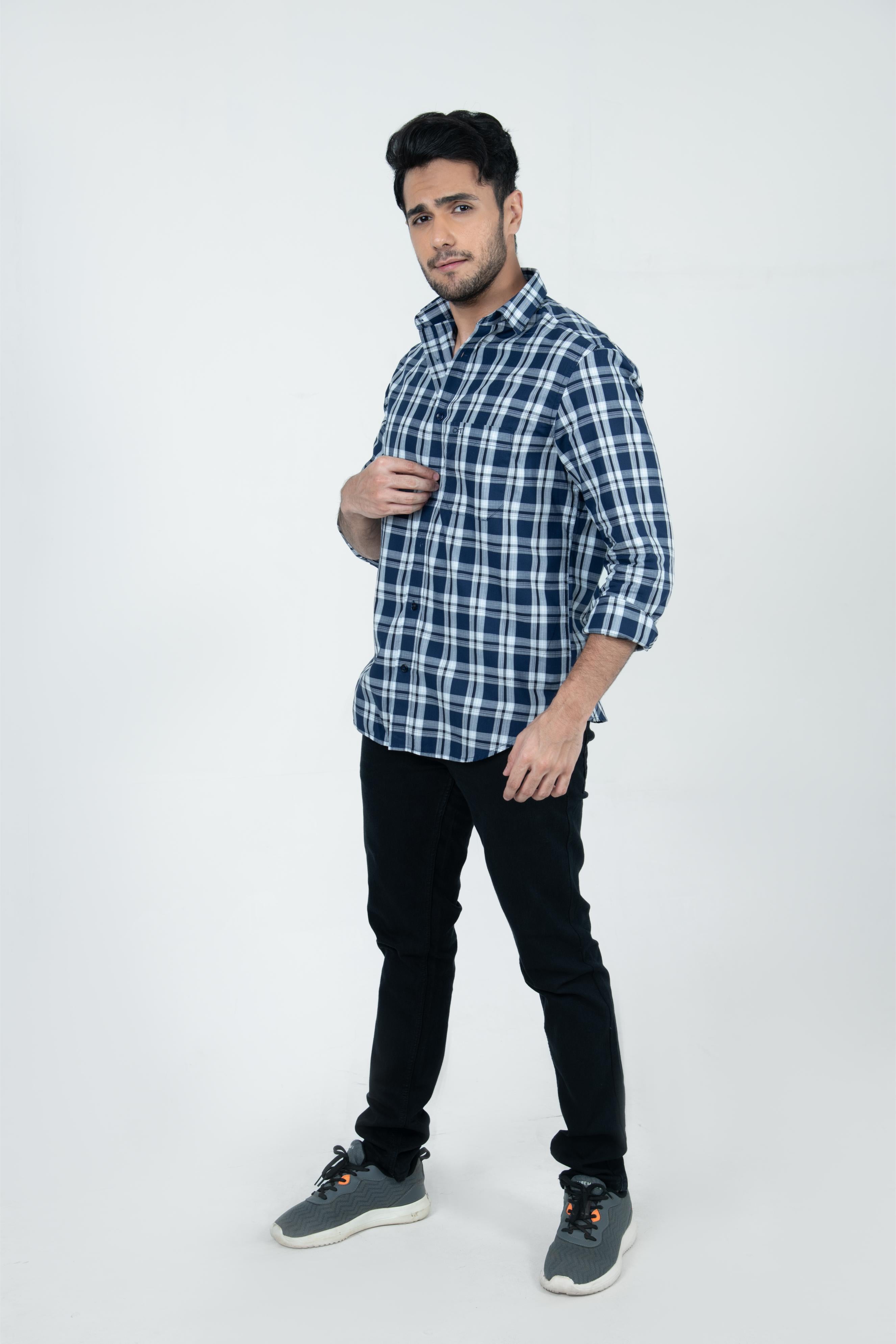 Roman Threads Navy Blue Giza twill Checked Shirt