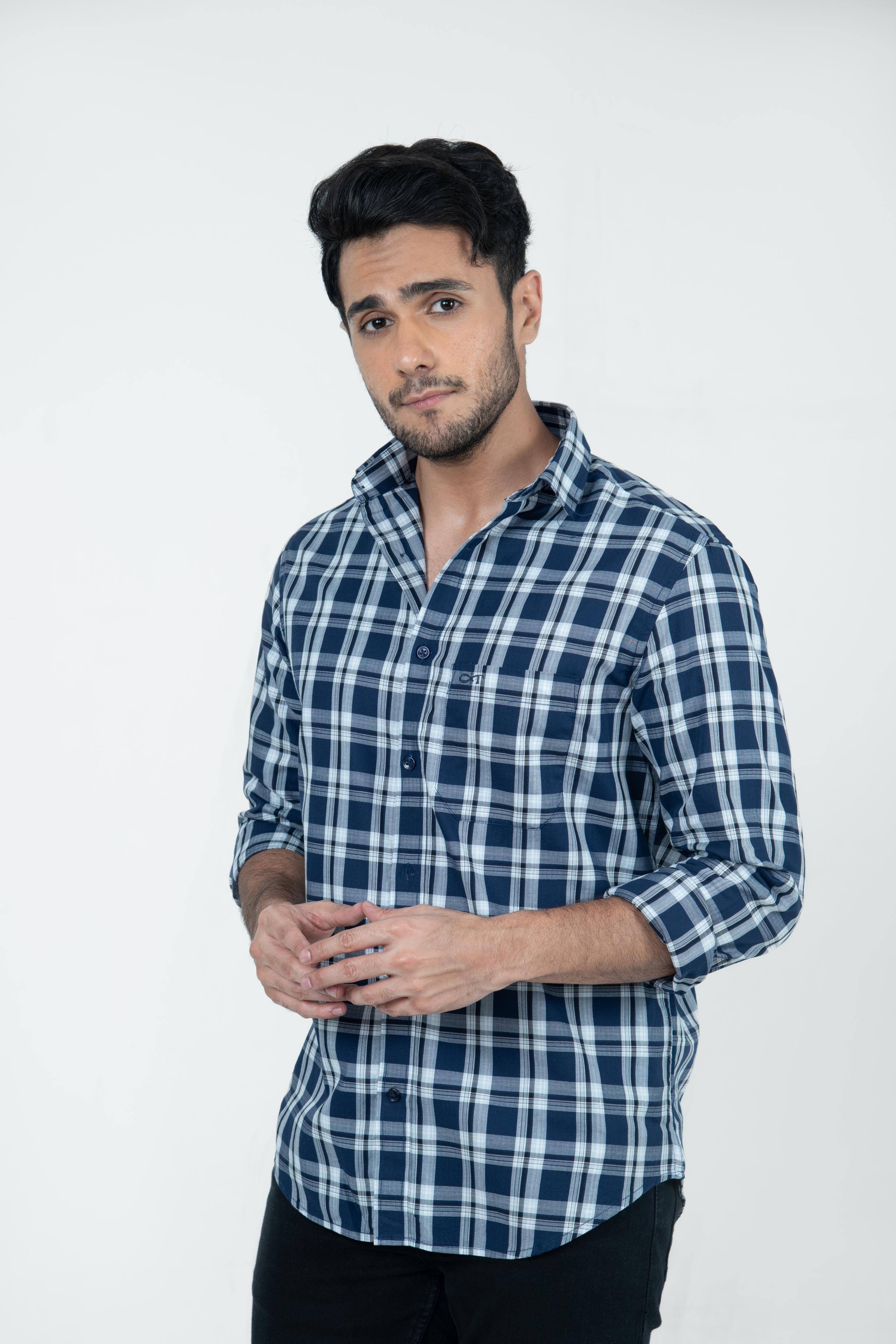 Roman Threads Navy Blue Giza twill Checked Shirt