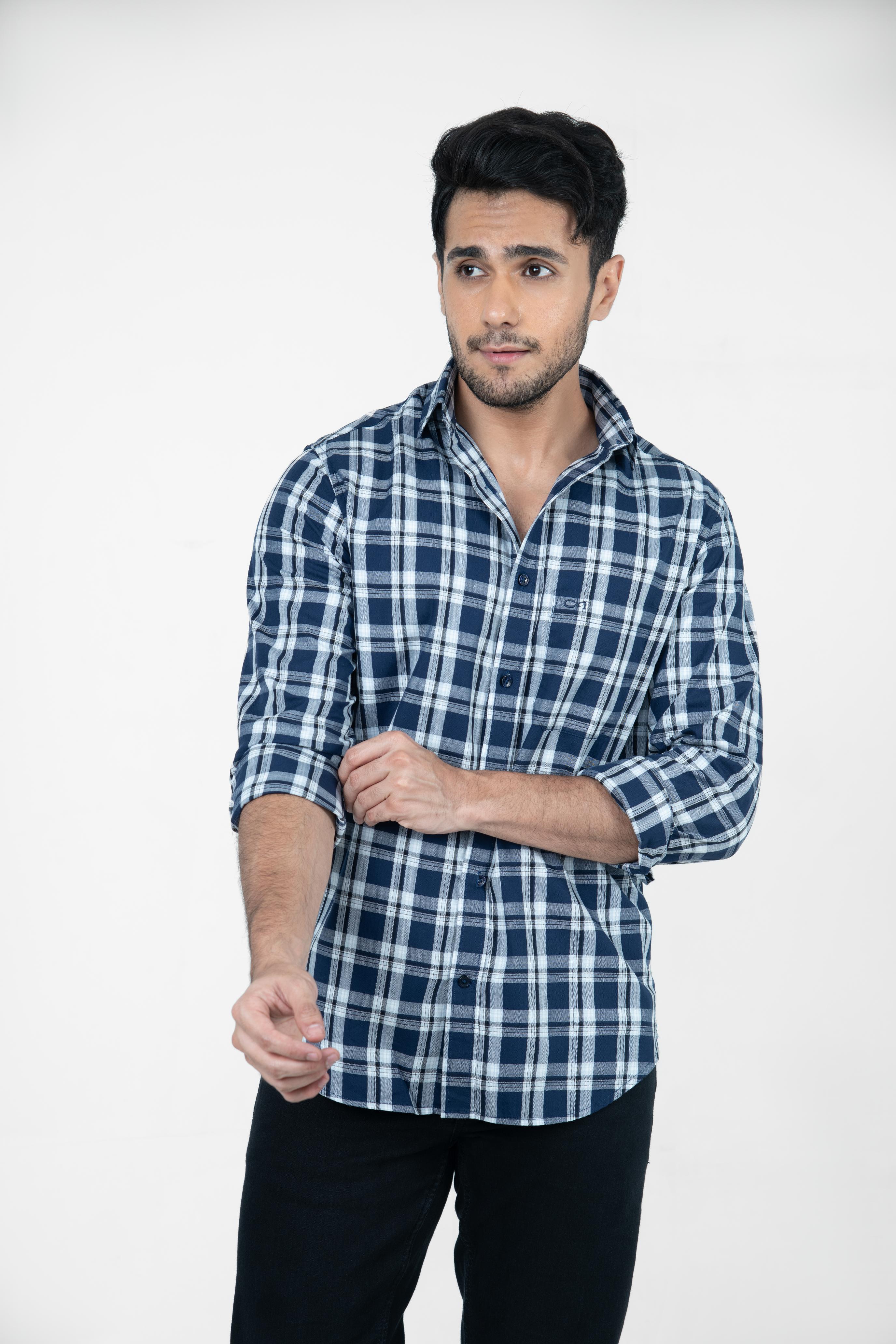 Roman Threads Navy Blue Giza twill Checked Shirt