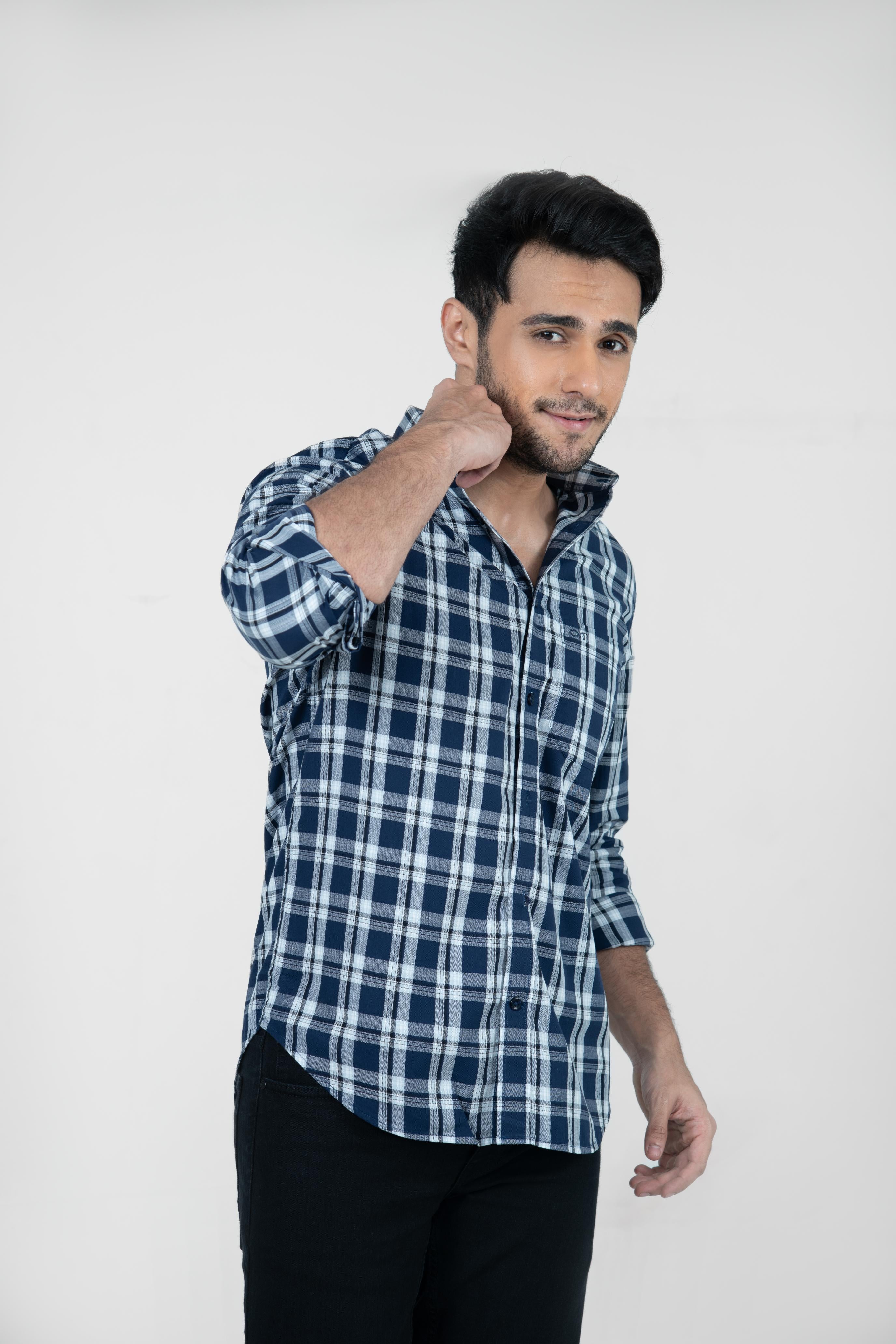 Roman Threads Navy Blue Giza twill Checked Shirt